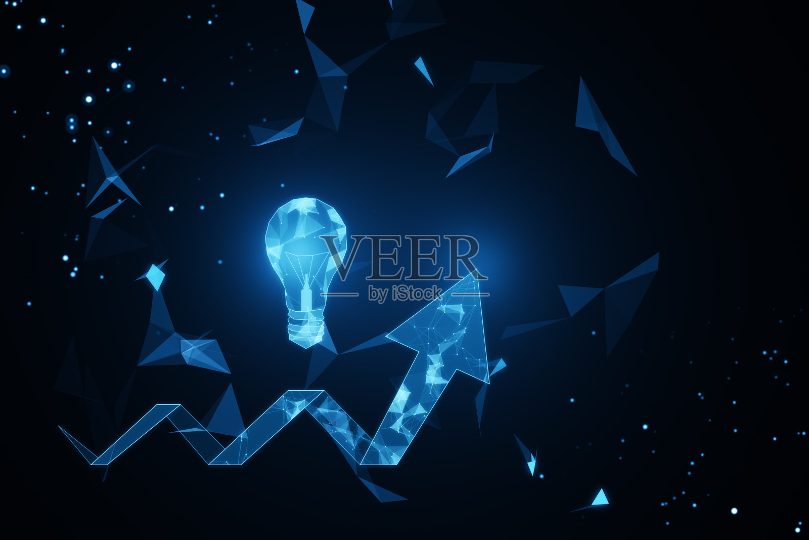 抽象发光的多边形灯泡和箭头在黑暗的背景。想法和突破性的概念。3 d渲染。照片摄影图片