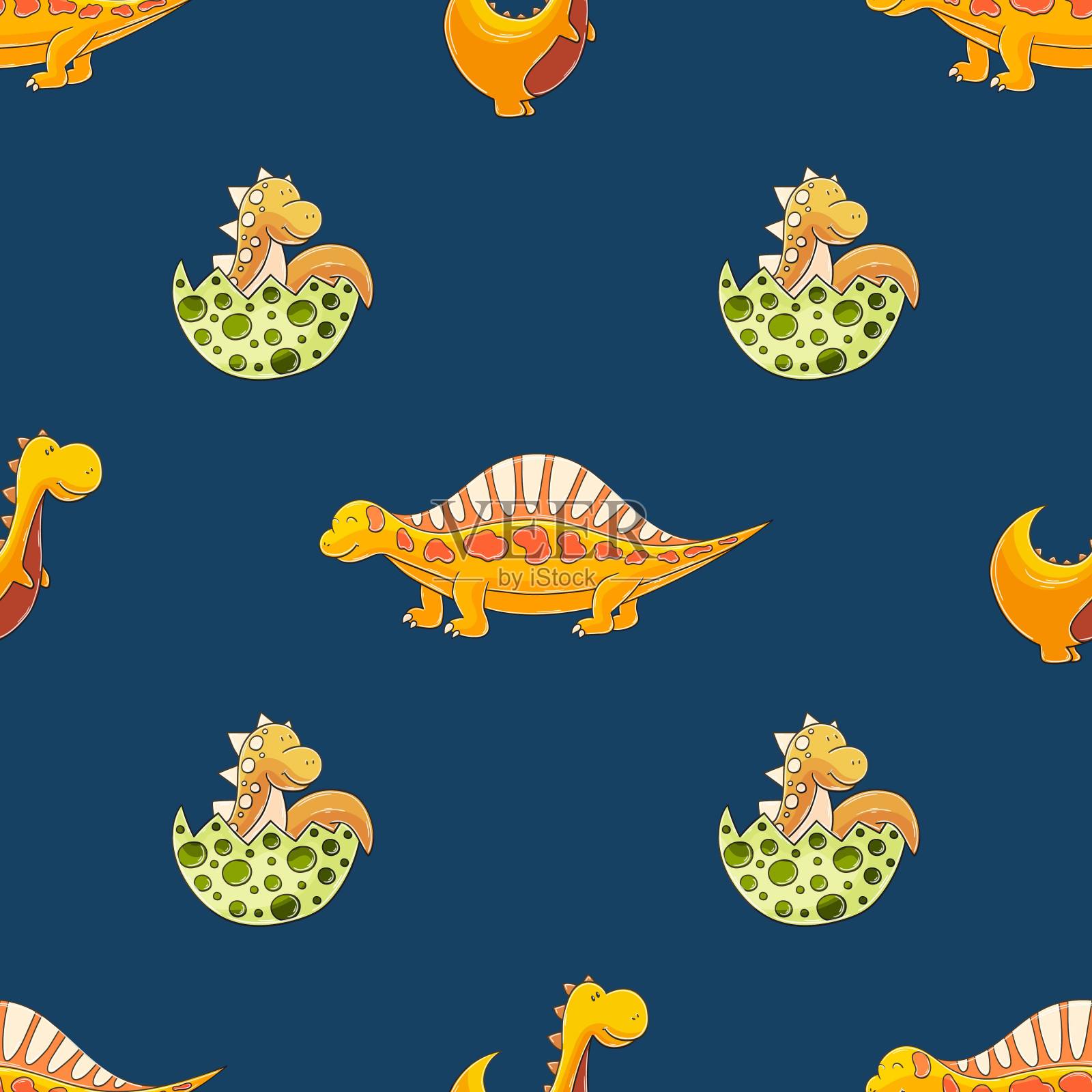 可爱有趣的恐龙图案。印花布设计，纺织，包装纸设计元素图片