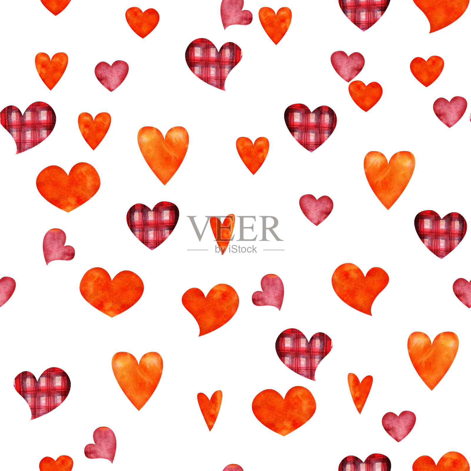 水彩手绘无缝图案的红色，橙色和格纹心形情人节。孤立的白色背景。设计纸张，爱情，贺卡，纺织，印刷，墙纸，婚礼插画图片素材