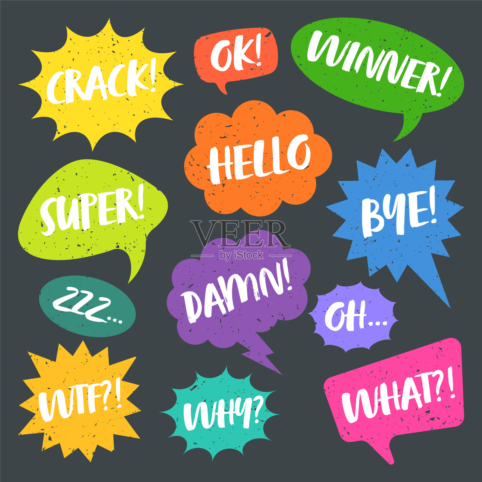 彩色的垃圾漫画演讲气泡手写文本。手绘复古卡通贴纸。聊天，留言框。矢量图插画图片素材