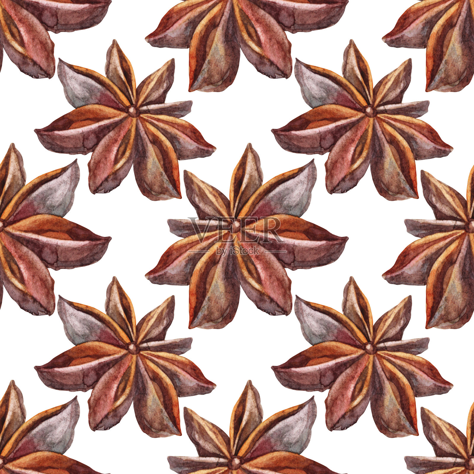 无缝图案与水彩巴达在白色背景。手绘调味品八角甜点或饮料，烹饪书厨房装饰。香味棕色圣诞食品。壁纸包装的芬芳艺术插画图片素材