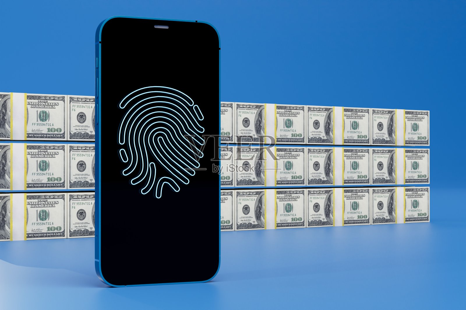 确保银行业务安全。一款带有生物指纹和蓝色背景的美元的智能手机。三维渲染照片摄影图片