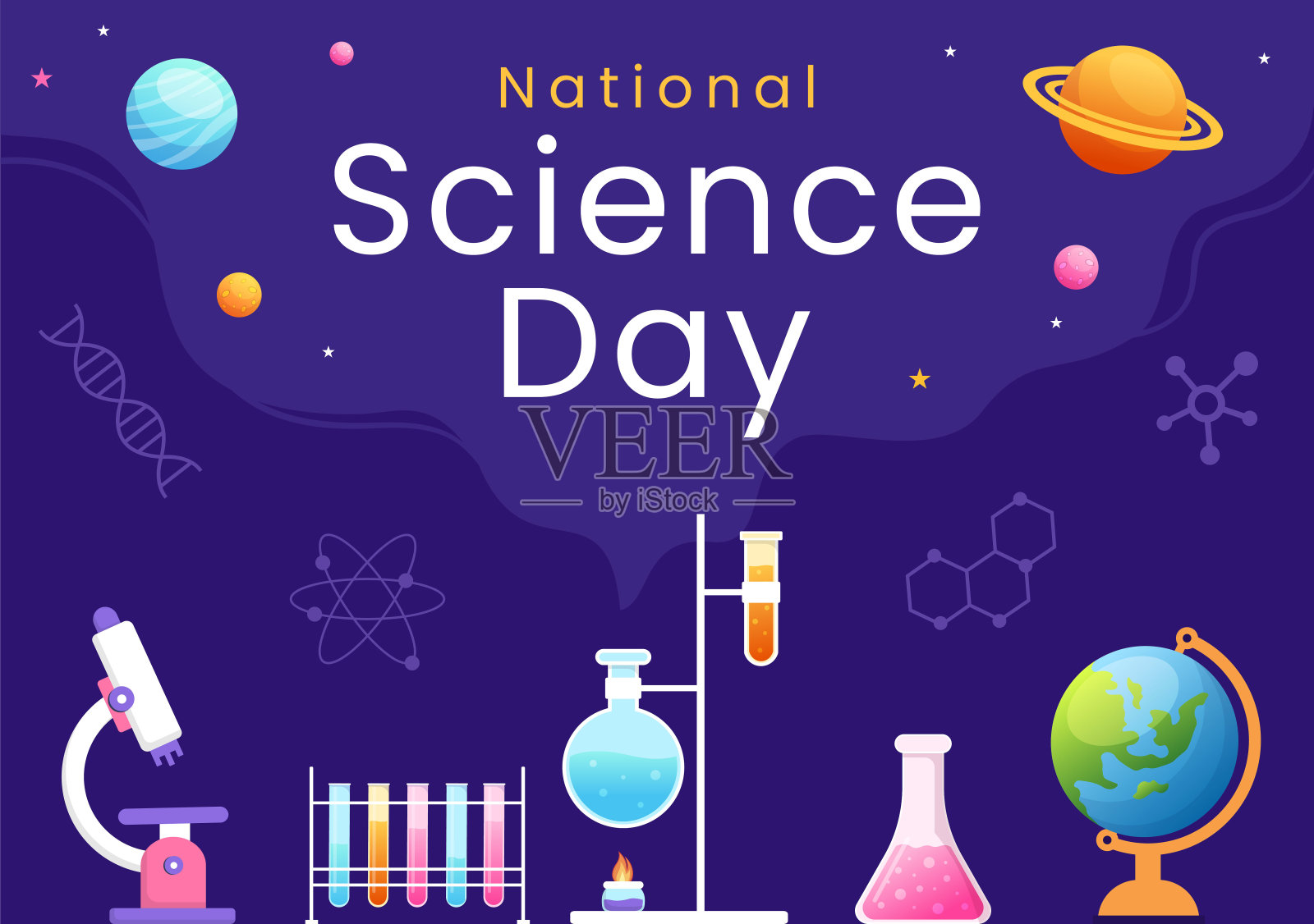 2月28日国家科学日，有关化学液体，科学，医学和研究的平面卡通手绘模板插图插画图片素材