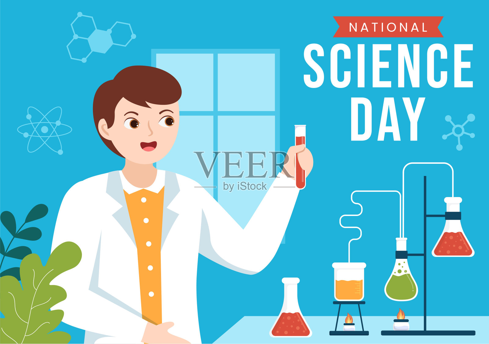 2月28日国家科学日，有关化学液体，科学，医学和研究的平面卡通手绘模板插图插画图片素材