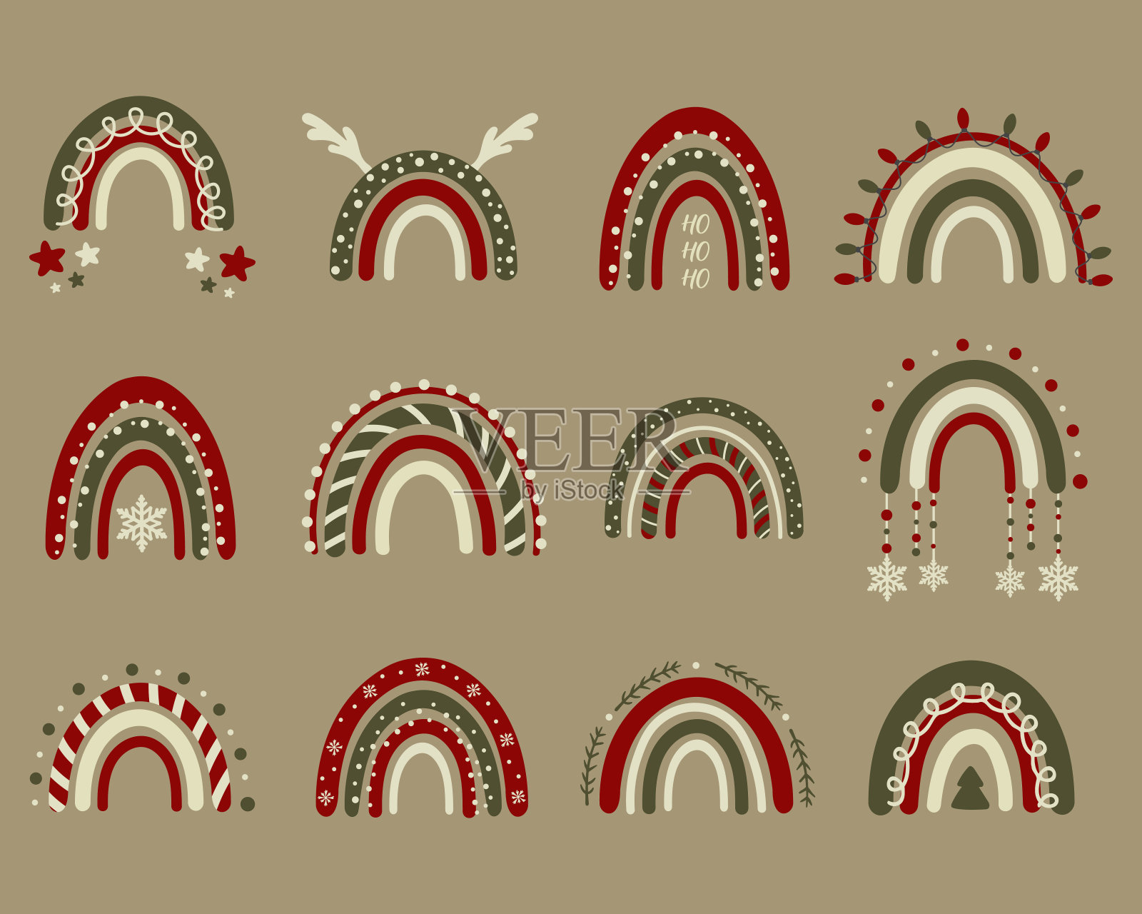 矢量收集圣诞装饰与圣诞彩虹。完美的服装印花，装饰，贴纸，横幅和卡片。新年和圣诞节的象征和元素。插画图片素材