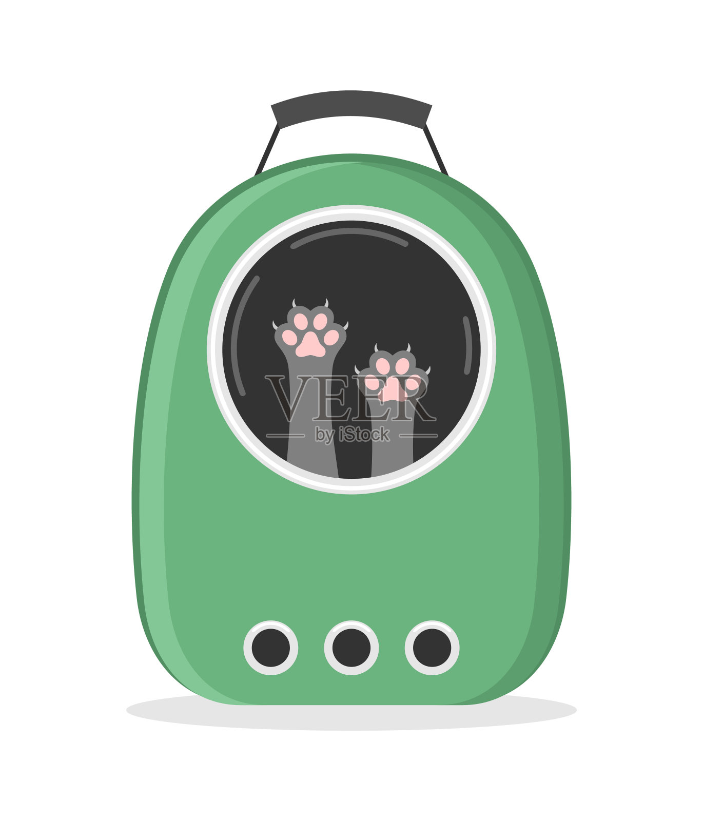 灰色的猫爪在白色背景的绿色手提袋的窗口。平面矢量图插画图片素材