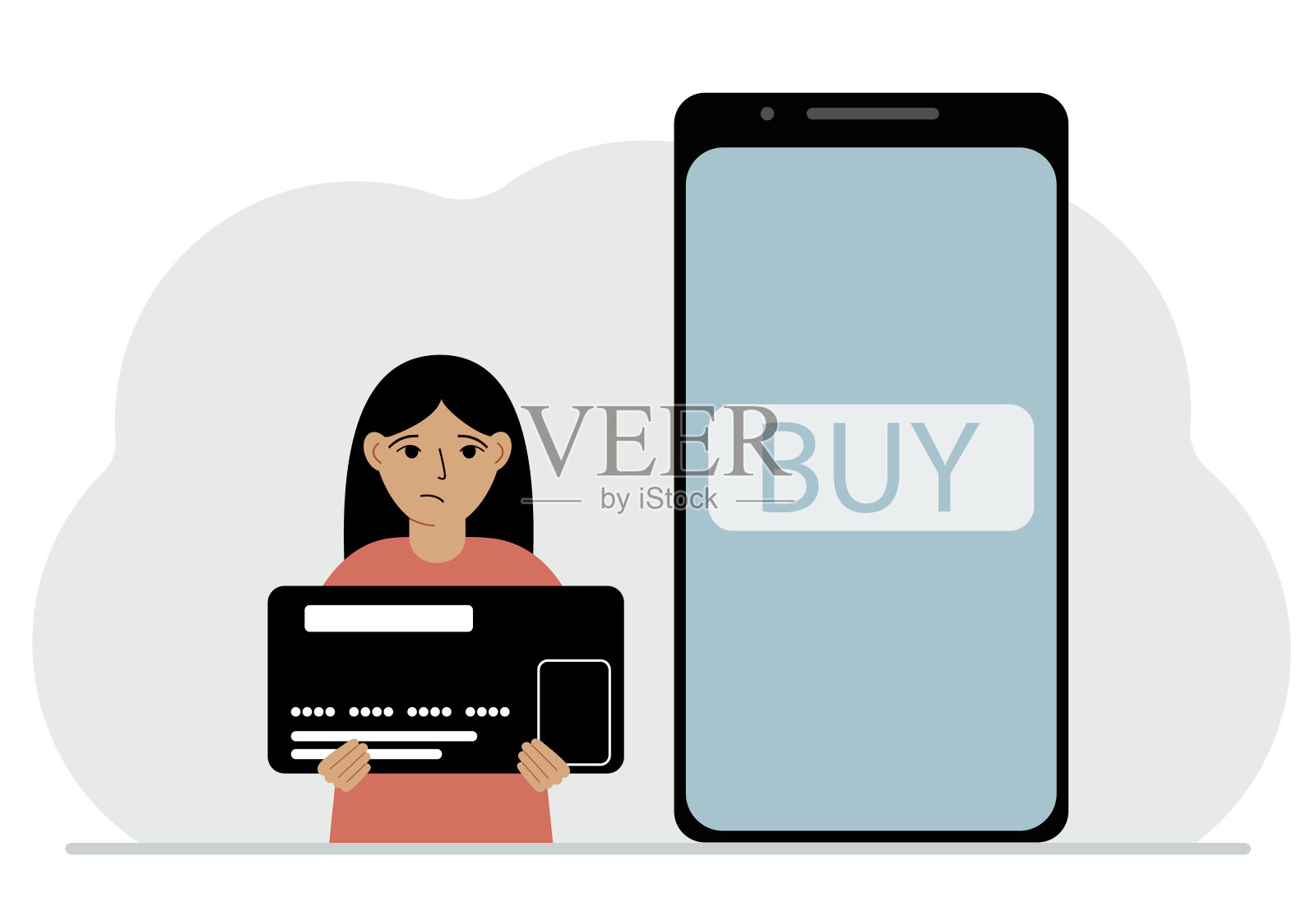 一个小女孩手里拿着一张信用卡，旁边有一个大手机。银行支付、网上购物、儿童信用卡的概念。插画图片素材