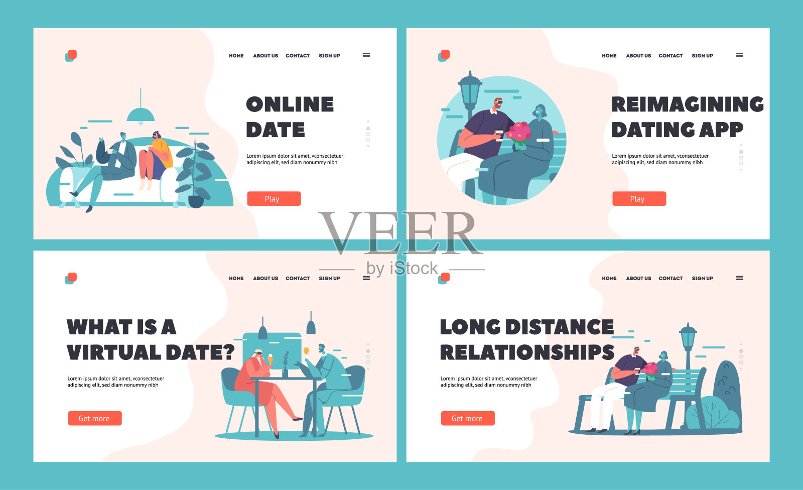 虚拟约会登陆页模板集。人们使用虚拟现实技术约会。男女角色在网络空间相遇插画图片素材