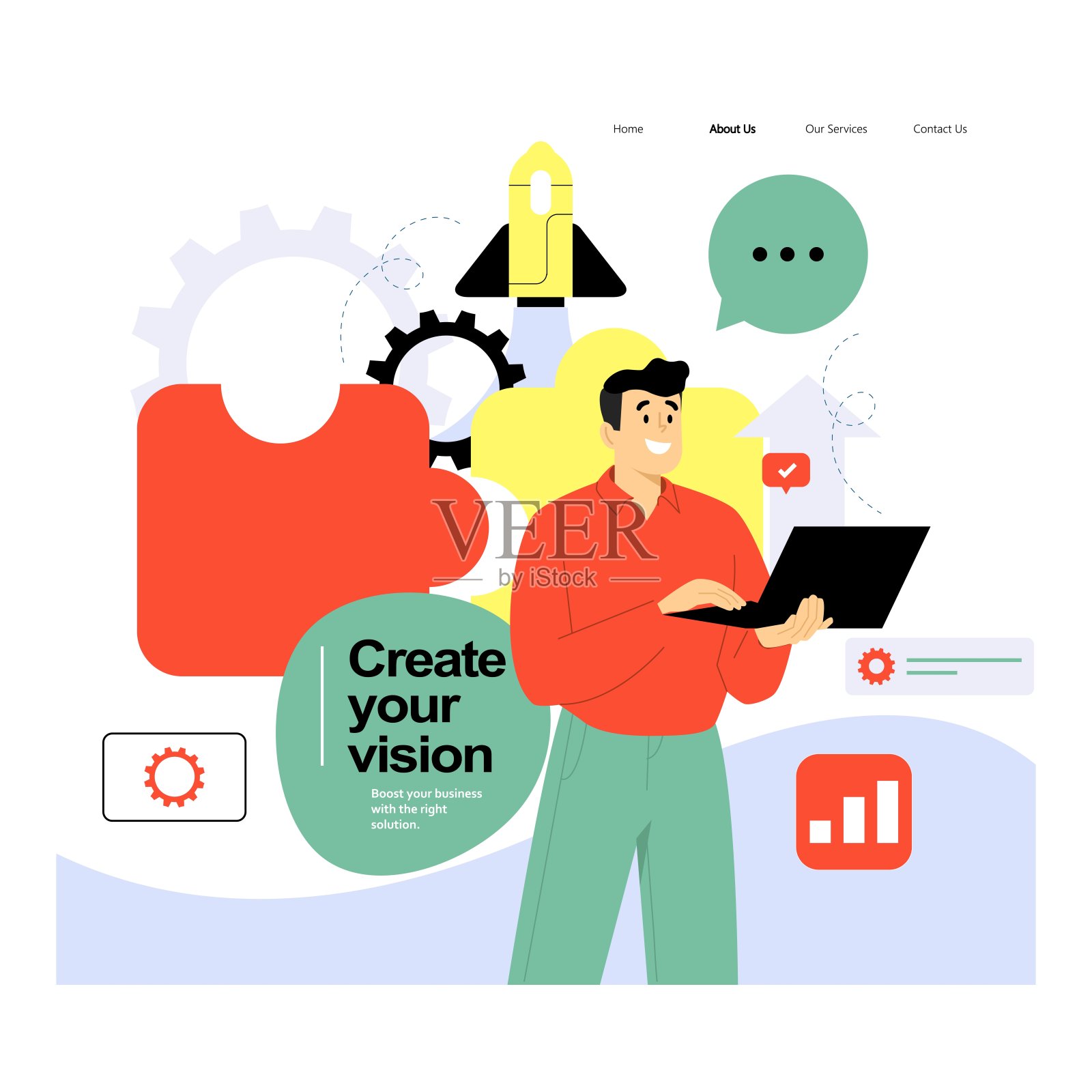 企业的启动、启动和发展。业务增长，成功战略，创新。矢量插图。男子用笔记本电脑工作插画图片素材