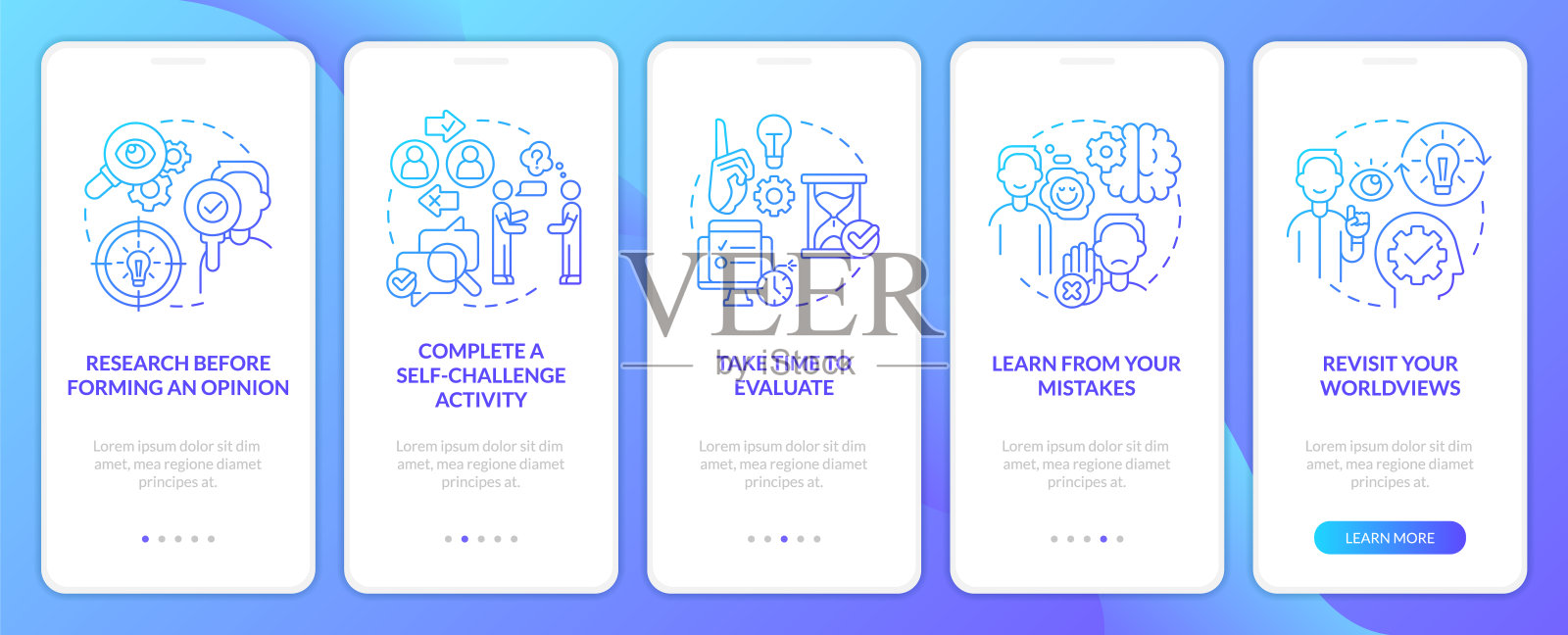 最小化确认偏差提示蓝色渐变登陆移动应用程序屏幕设计模板素材