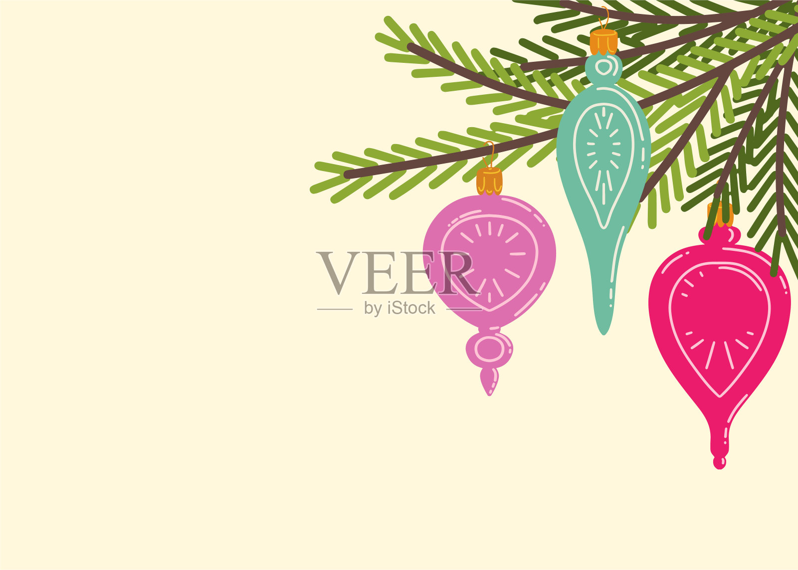 五颜六色的圣诞玩具挂在圣诞树上。插画图片素材