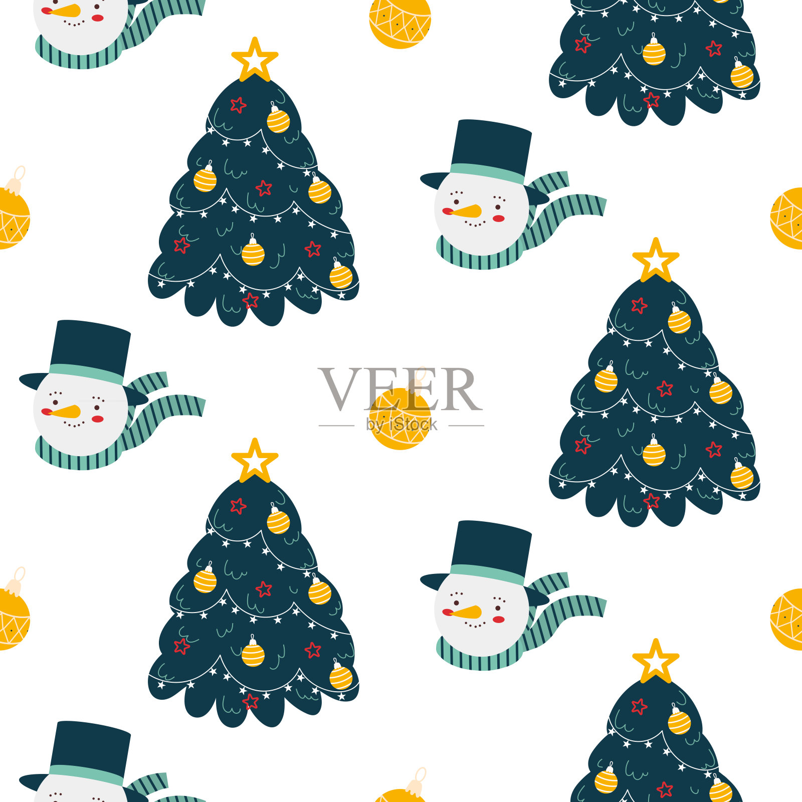 无缝的圣诞图案与雪人，圣诞树和白色背景上的小玩意。插画图片素材