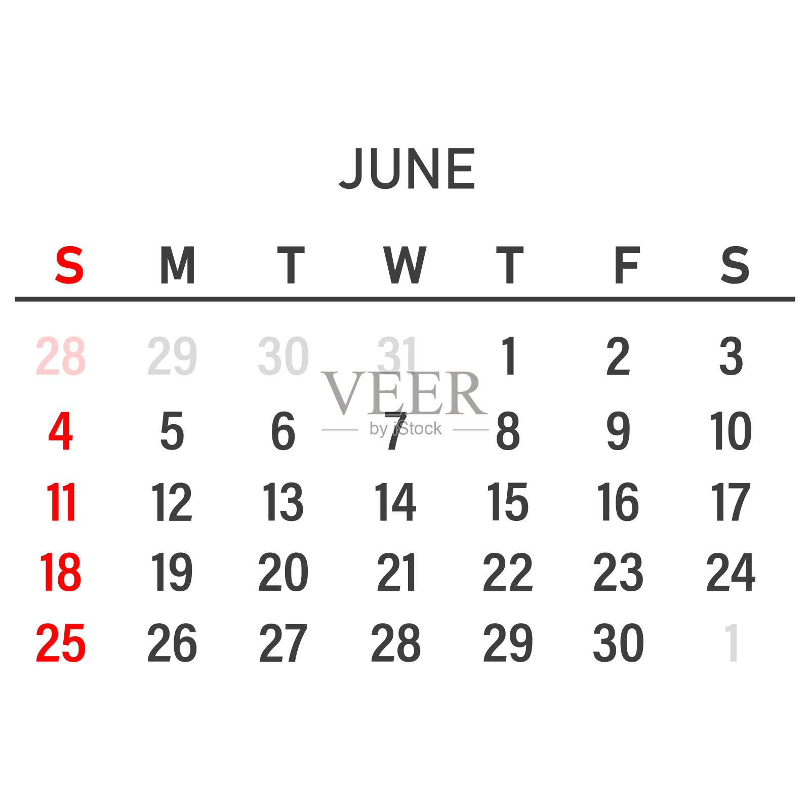 2023年六月日历模板。2023年6月的布局。可打印的月度计划。台历设计。从星期天开始。插画图片素材