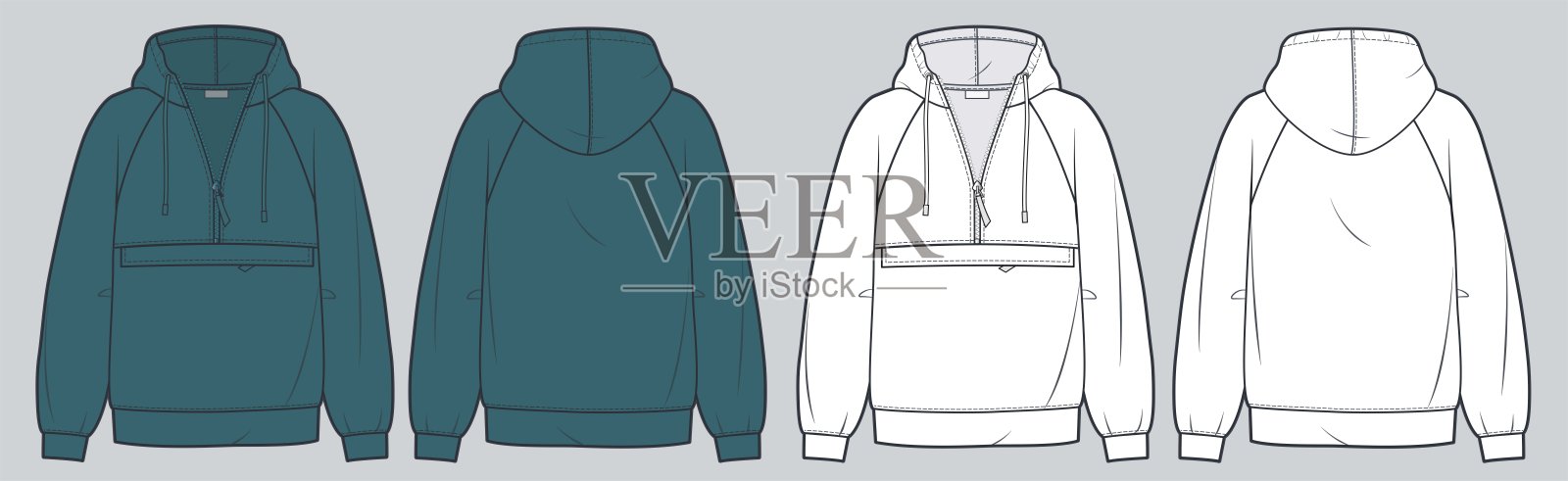 男女通用卫衣技术时尚插图。超大运动衫时尚平面技术图纸模板，套袖，拉链，口袋，前后视图，白色，绿色，女性，男性，男女通用cad模型集。设计元素图片