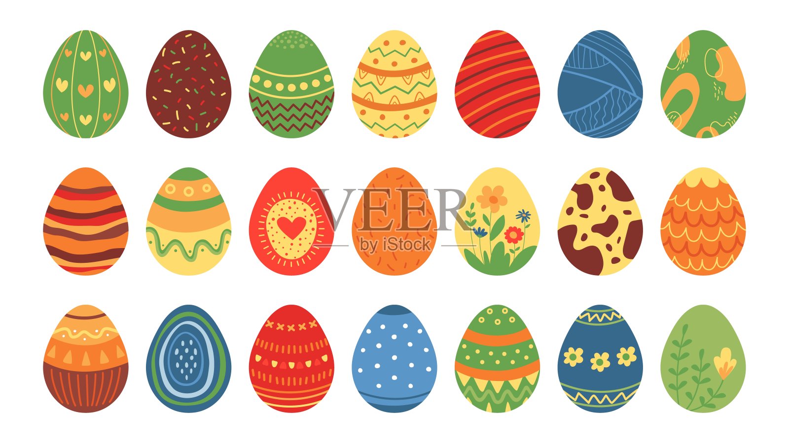 平坦的复活节孤立蛋。甜蜜的餐桌装饰，春节鸡蛋装饰模板。神圣节日经典矢量贴纸，涂鸦创意美食插画图片素材