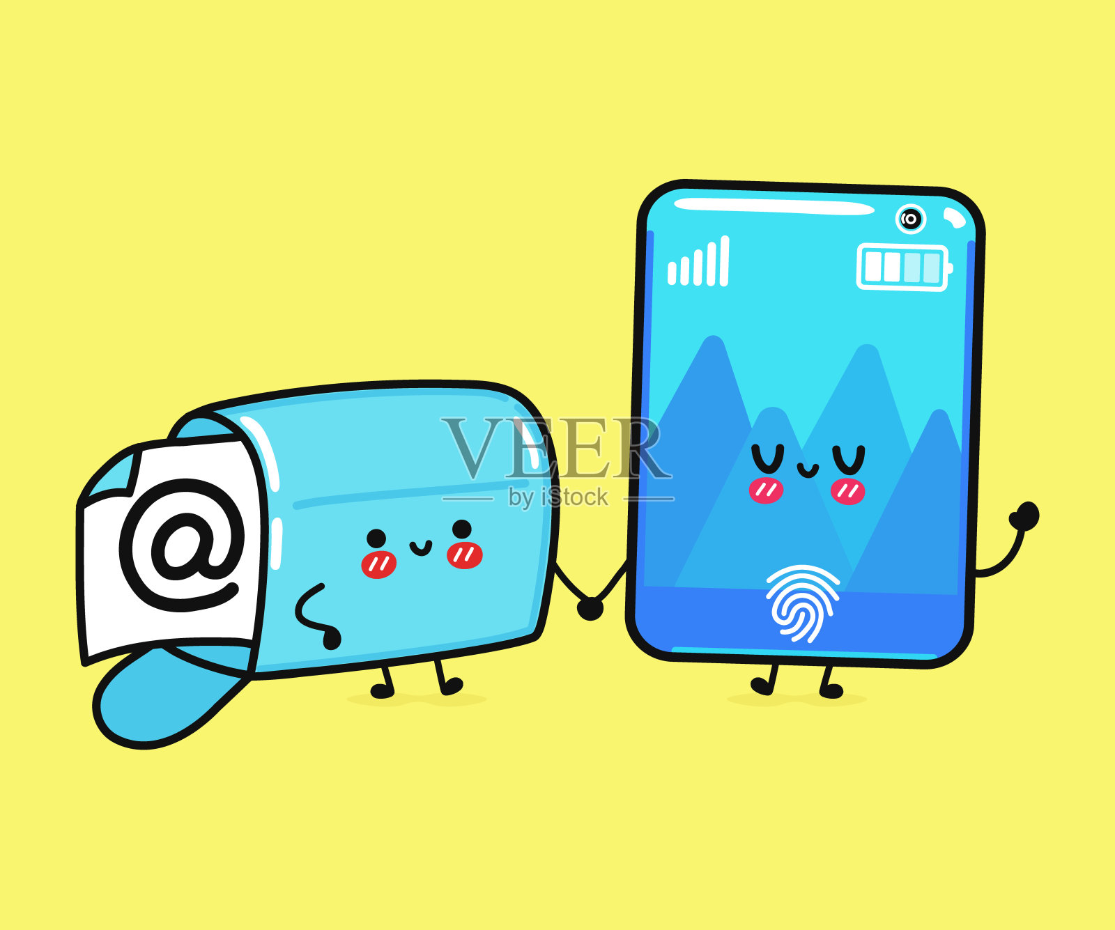 可爱，有趣的快乐智能手机和邮箱与电子邮件。矢量手绘卡通卡哇伊人物，插图图标。有趣的卡通智能手机和短信吉祥物人物概念插画图片素材