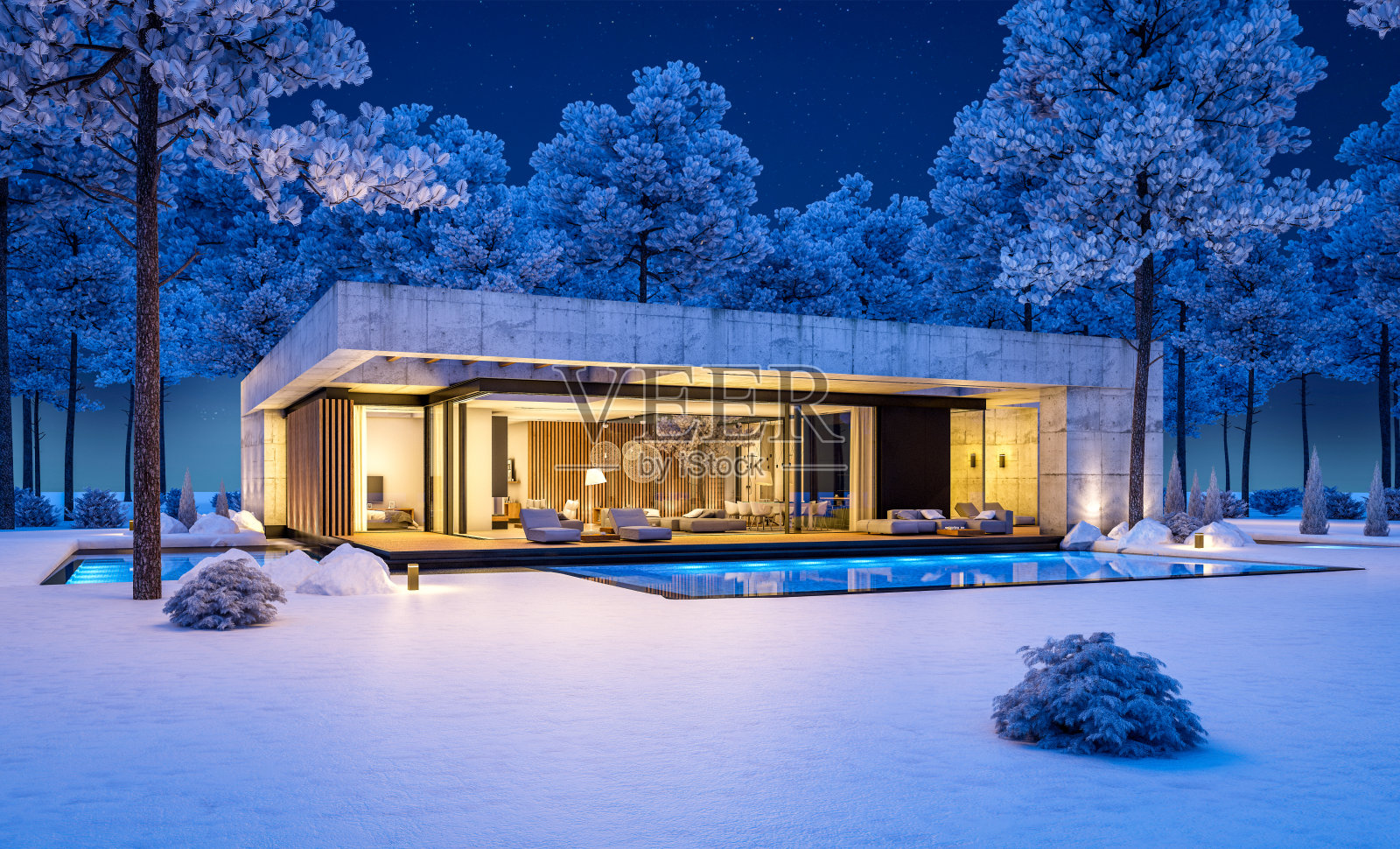 冬夜现代风格的新混凝土房屋三维效果图照片摄影图片