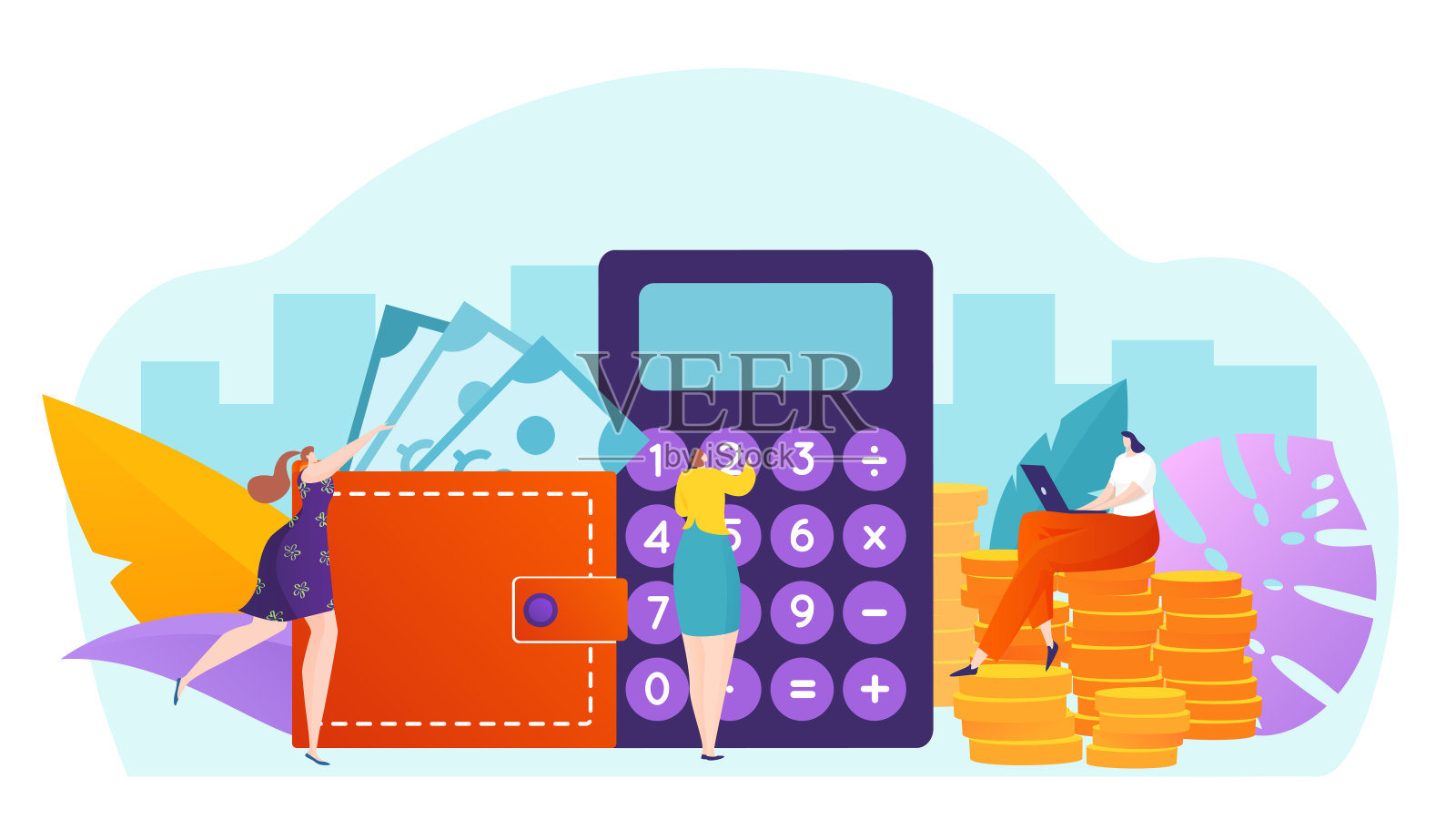 商业货币金融银行系统，小人字赚钱，金币叠平矢量插图，孤立于白色之上。插画图片素材