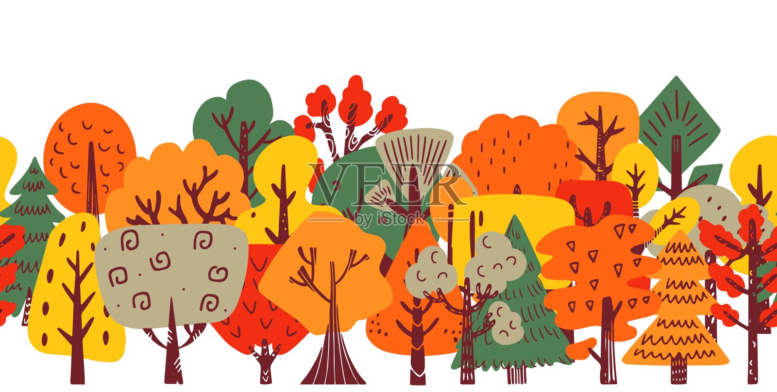 抽象涂鸦森林背景。树木桦树和橡树的形状，季节性的园林平面设计。装饰植物剪影近代矢量旗帜插画图片素材