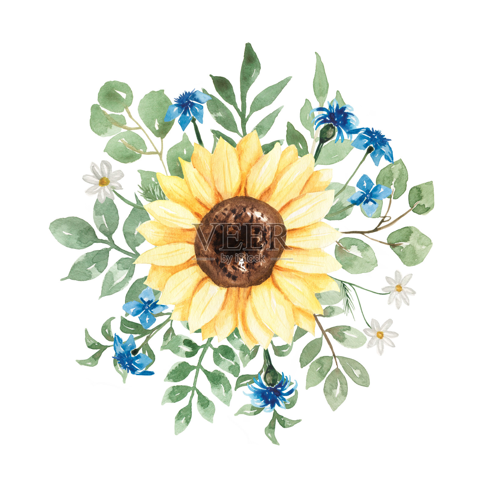 向日葵花束剪纸，水彩草地花朵印刷，乡村野花花束插图，婚礼邀请，婴儿淋浴，标志插画图片素材