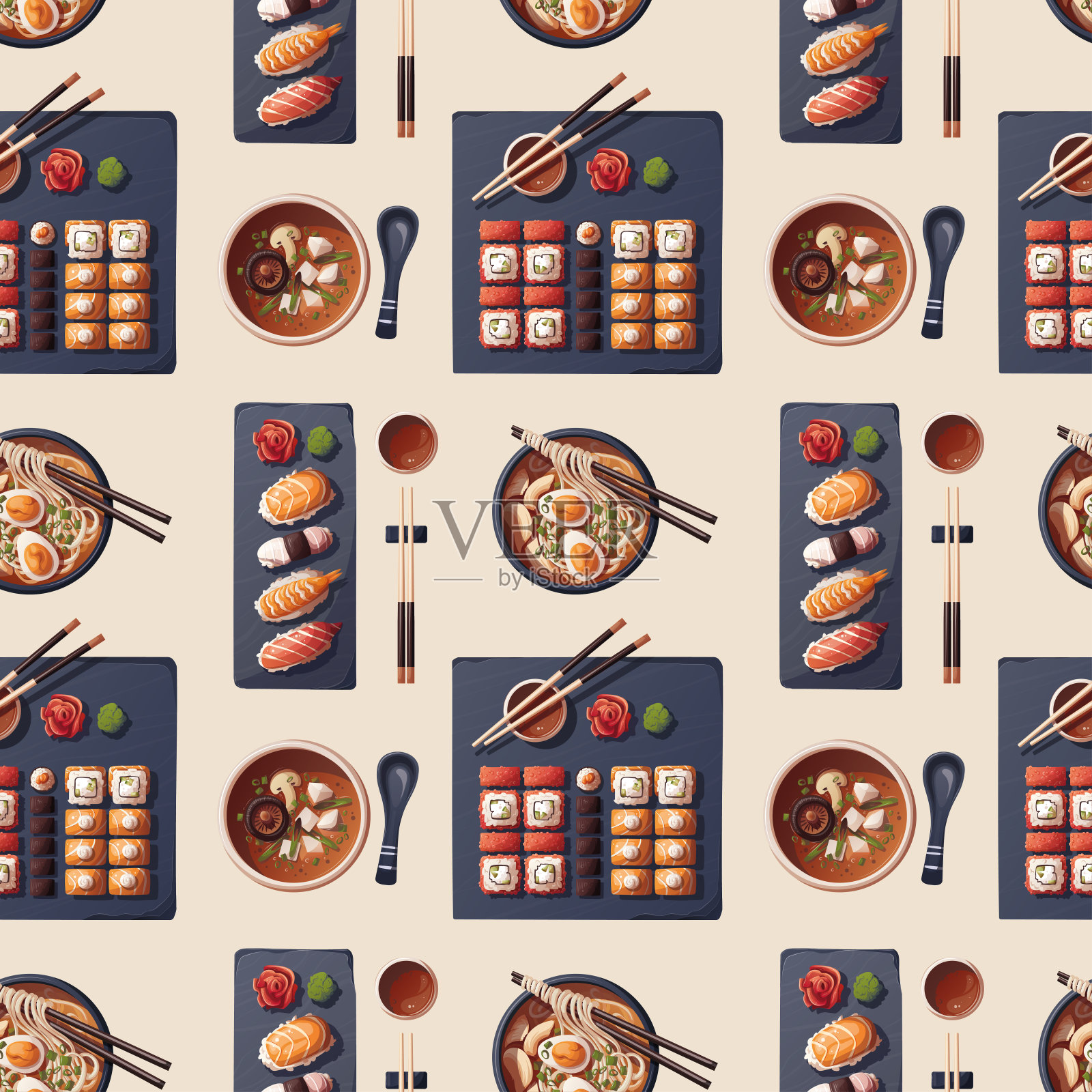 搭配寿司，味增汤，拉面。插画图片素材
