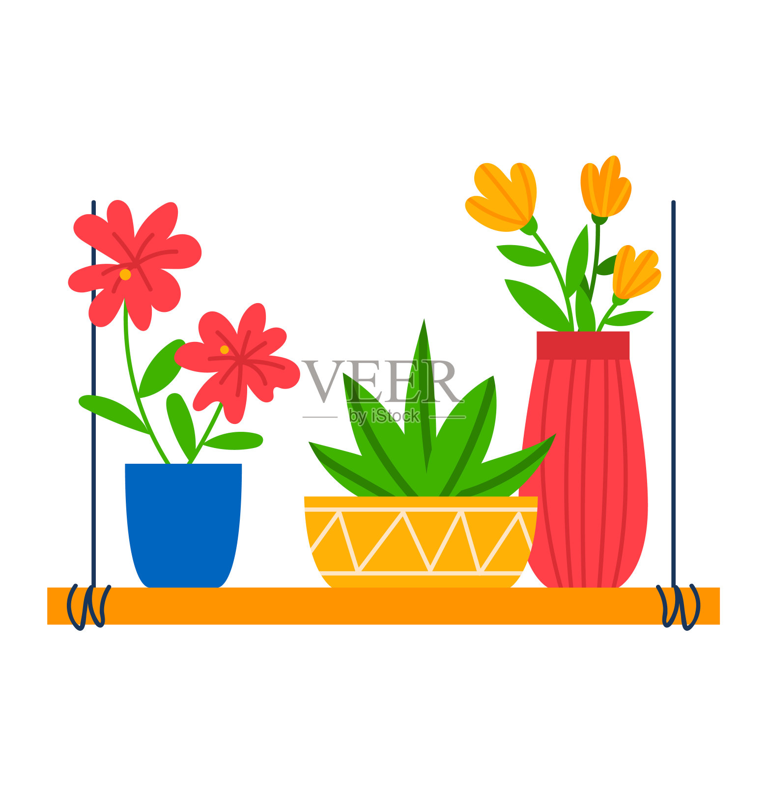 植物在花盆和花瓶，矢量插图。绿色花卉家居装饰设计，来自自然花园的卡通叶子。插画图片素材