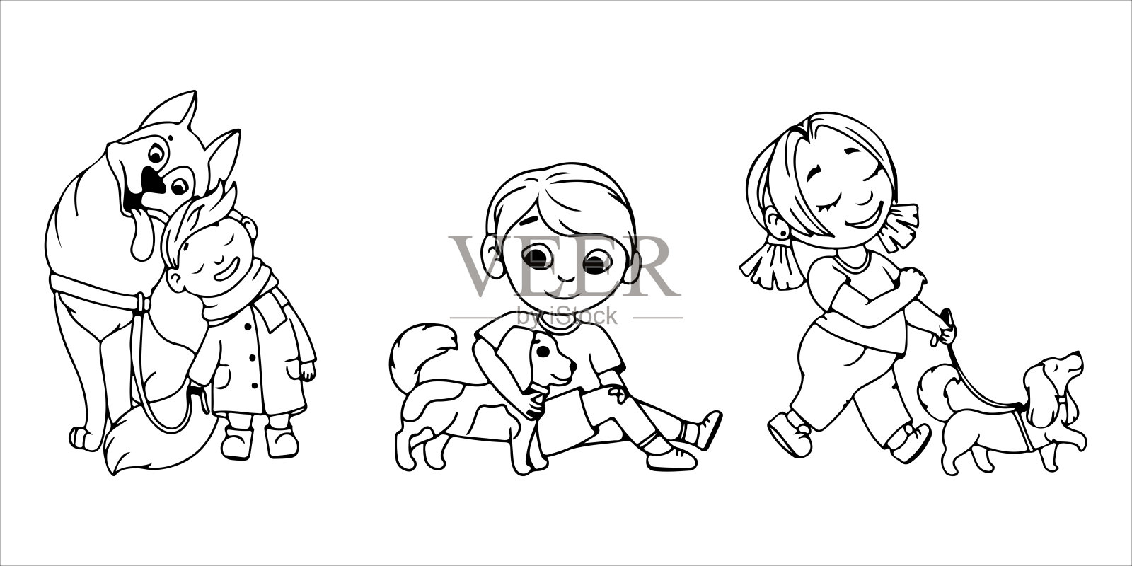 有宠物的孩子。忠诚的朋友。卡通风格的毛茸茸的动物。矢量插图孤立在白色背景上。插画图片素材