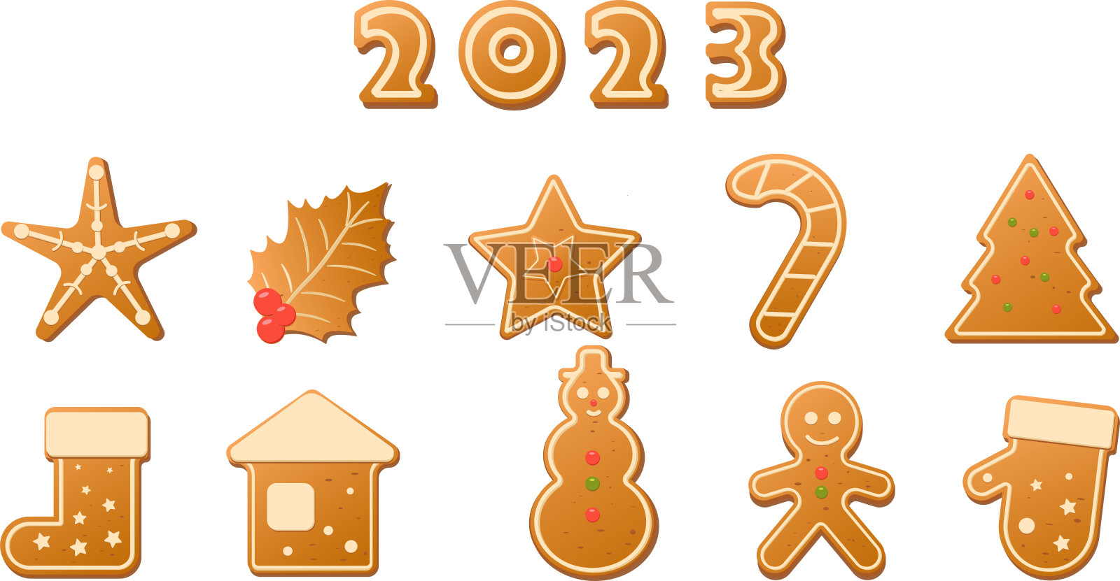 一套卡通圣诞饼干姜饼白色背景，孤立。插画图片素材