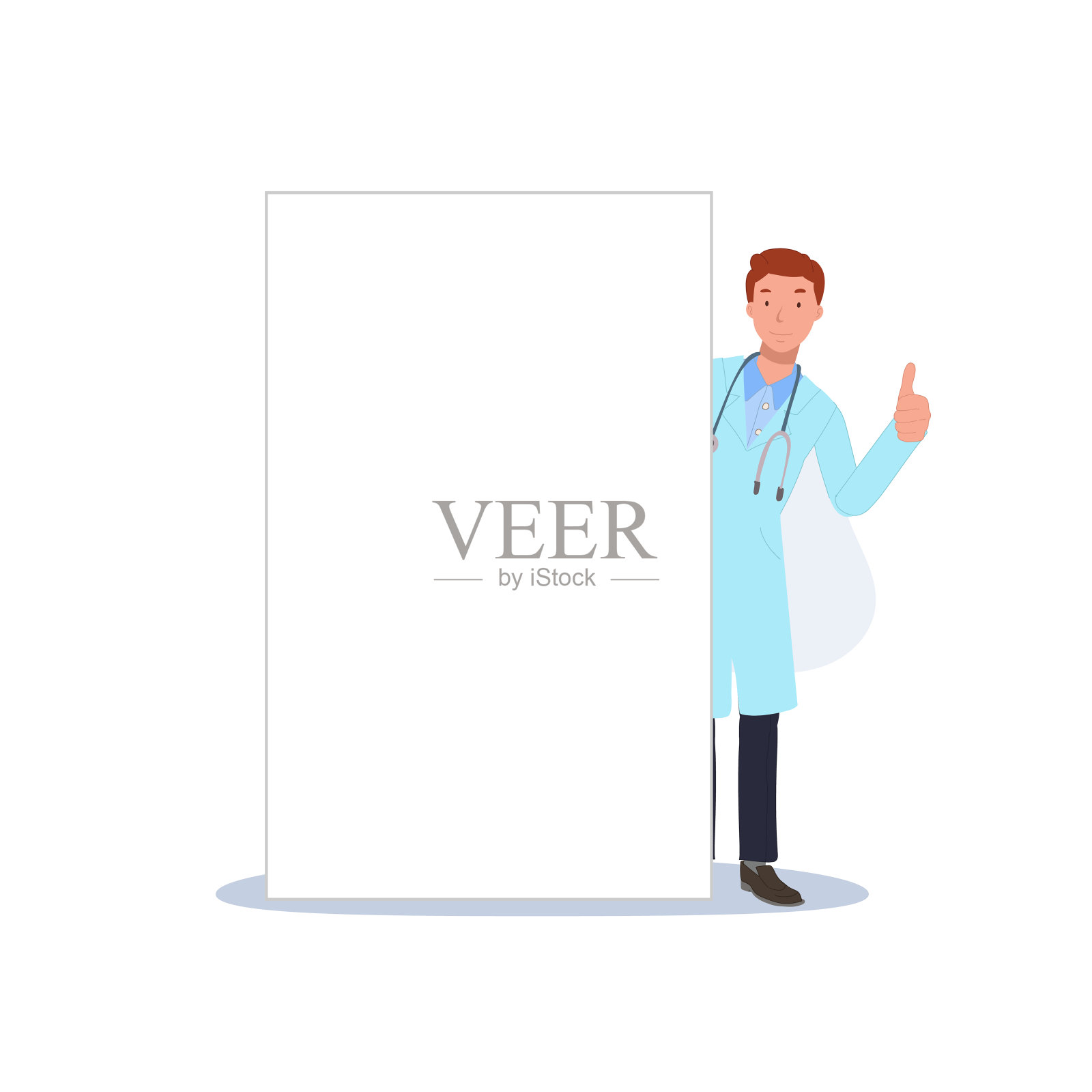 男医生站在白板后面，竖起大拇指。平面矢量卡通人物插画插画图片素材