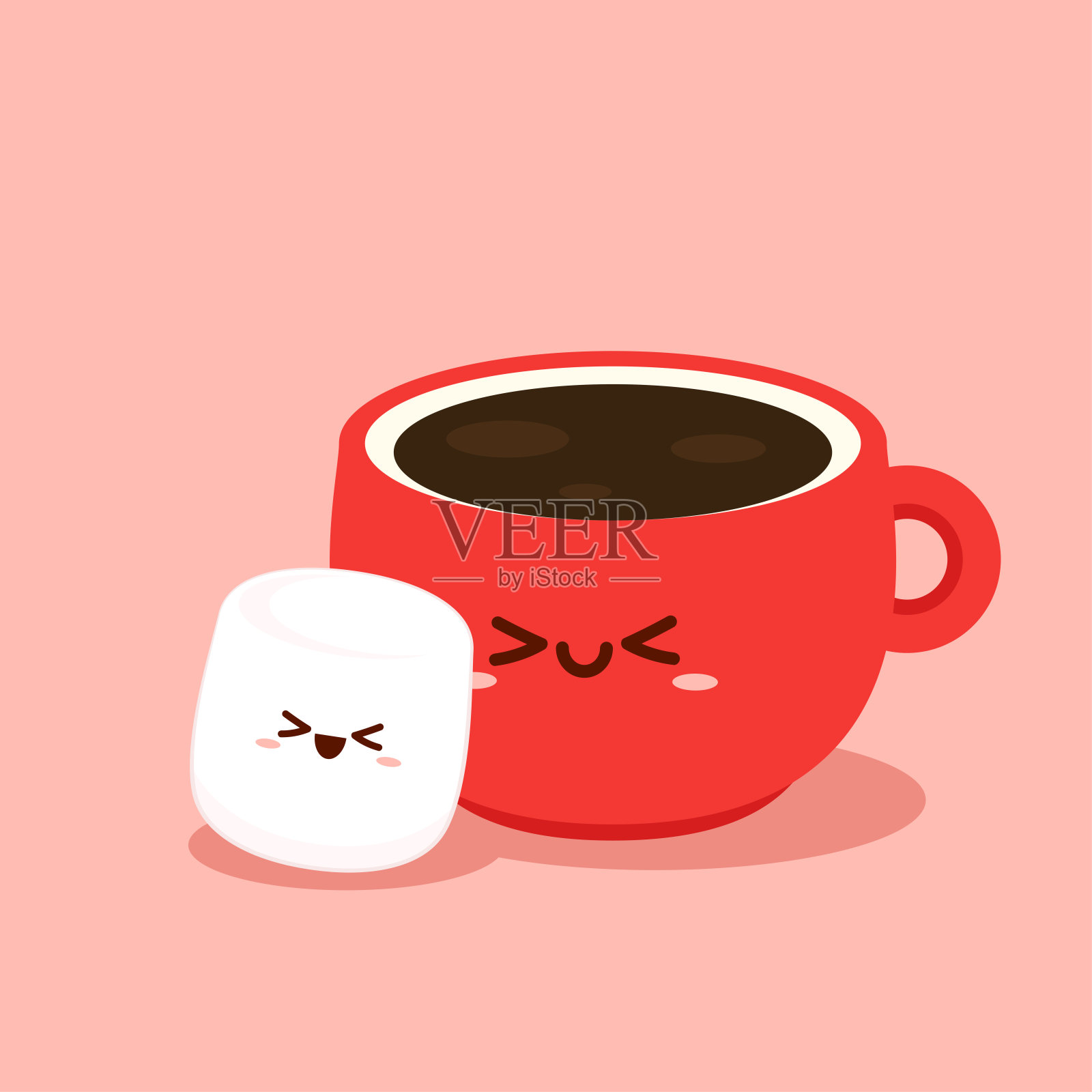 棉花糖和咖啡杯矢量。棉花糖的性格。插画图片素材