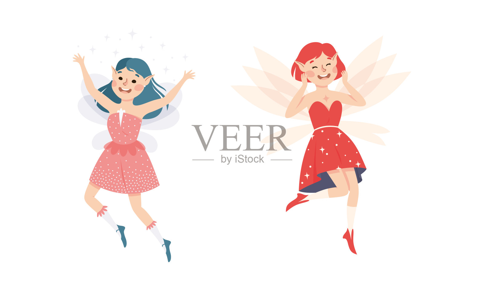 快乐的仙女。可爱的精灵女孩与尖耳朵和翅膀穿漂亮的裙子矢量插图设计元素图片