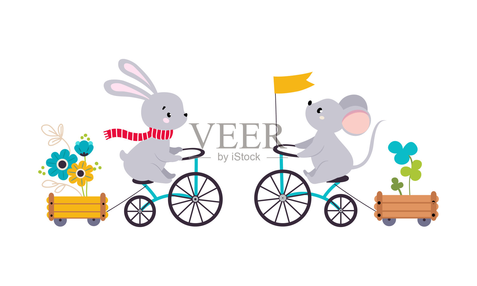 可爱的小动物们喜欢骑马。可爱的兔子和老鼠骑自行车的卡通矢量插画插画图片素材