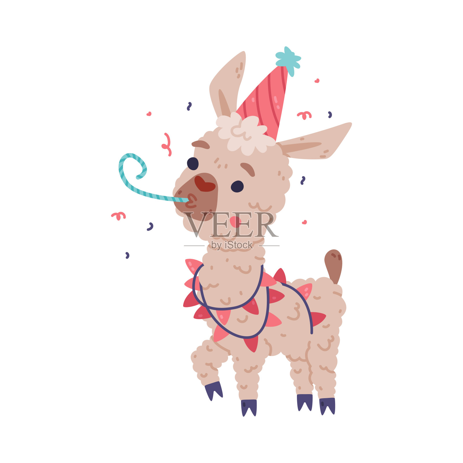 可爱的毛茸茸的小美洲驼戴着派对帽吹口哨。羊驼人物驯养动物卡通矢量插图设计元素图片