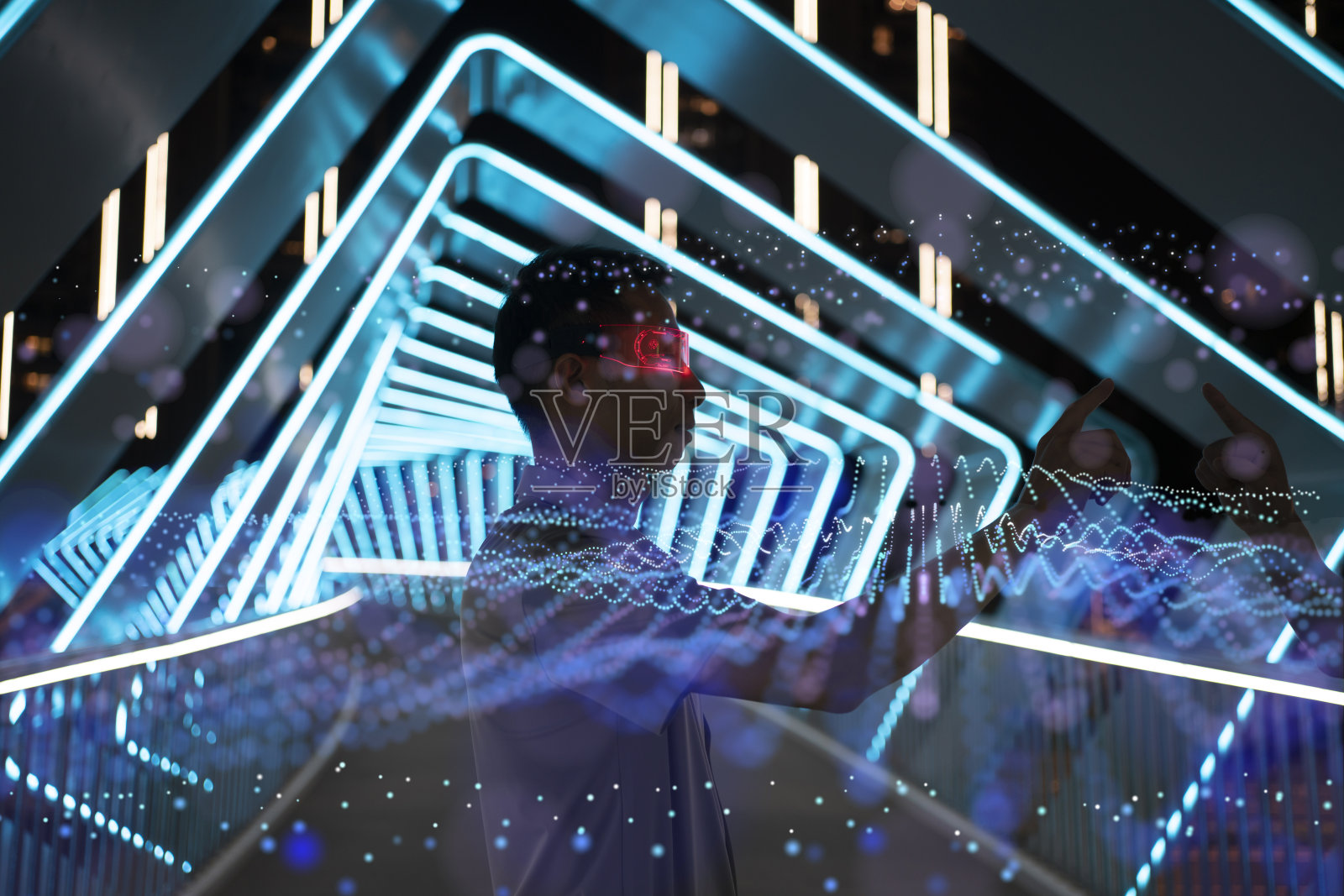 粒子合成概念和发光眼镜的游戏体验照片摄影图片