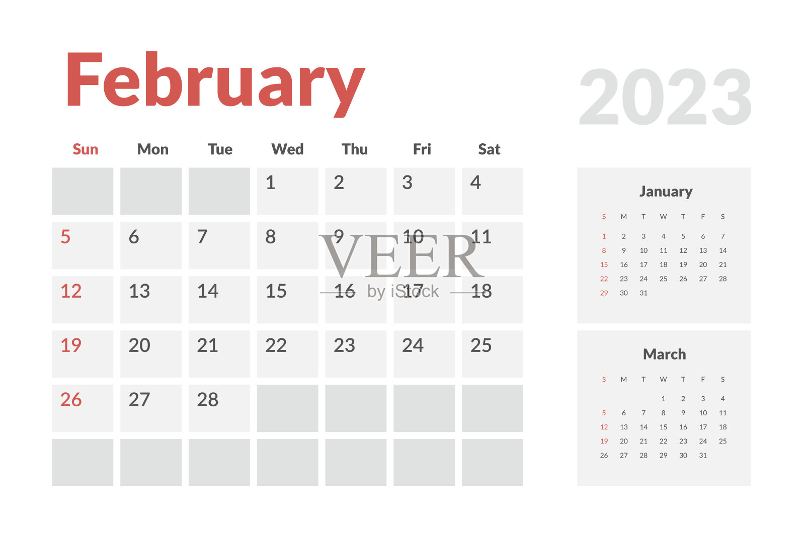 2023年12月月历模板。矢量简单的灰色网格布局的墙壁或办公桌日历与周开始在周一打印设计模板素材