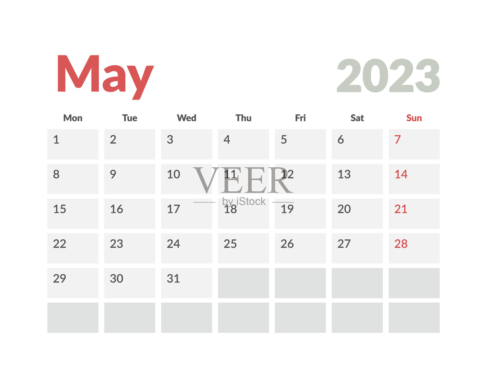 日历模板简化，每周星期一开始设计模板素材