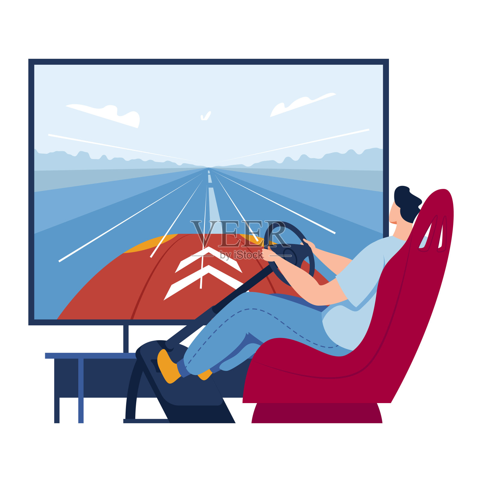 电子车轮技术用于电脑游戏，卡通转向装置，矢量插图。男人角色玩小工具，赛车游戏模拟器插画图片素材