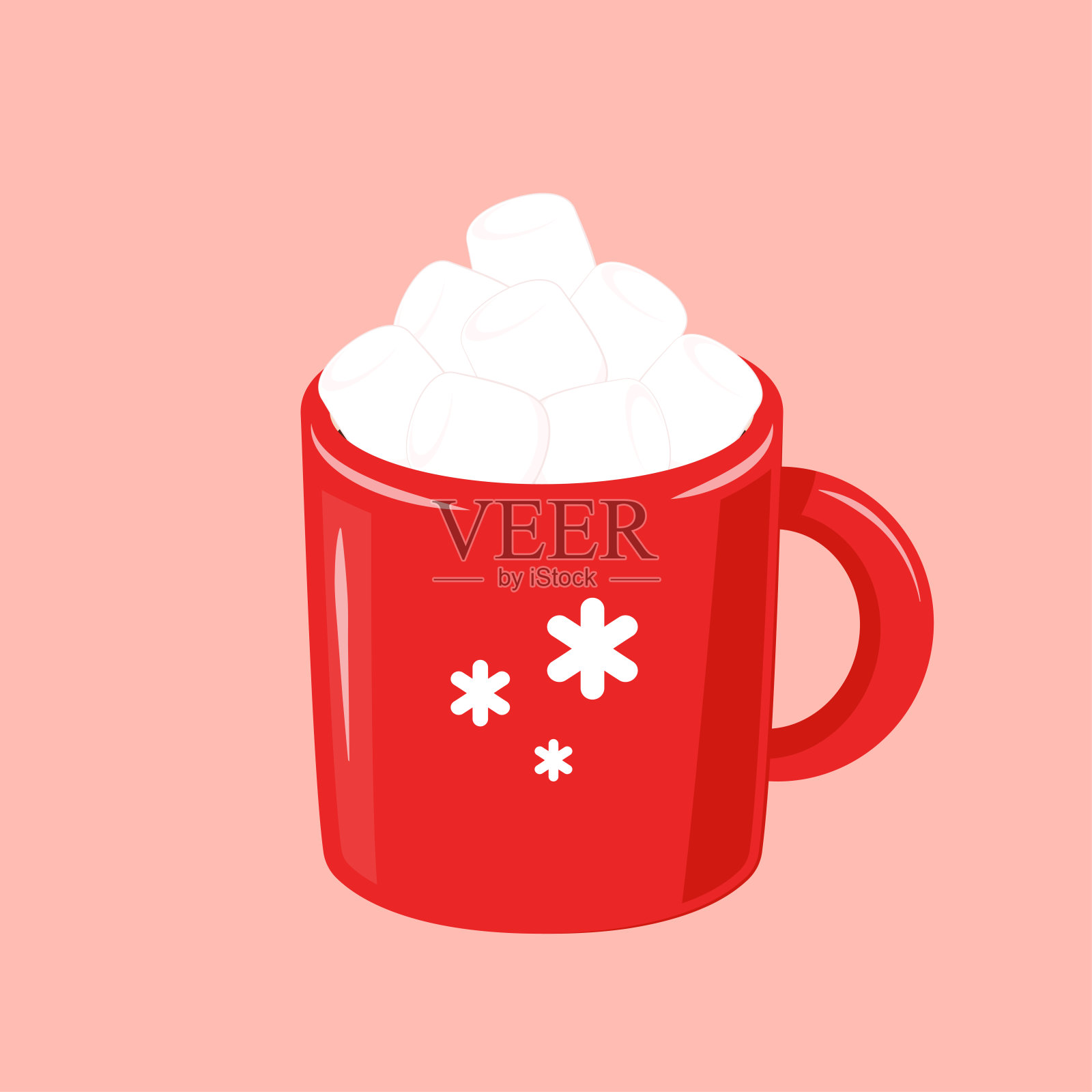 可可身上堆了一堆棉花糖。红色杯子里的可可糖和棉花糖。圣诞热巧克力杯。卡通新年饮料。可爱的矢量插图插画图片素材
