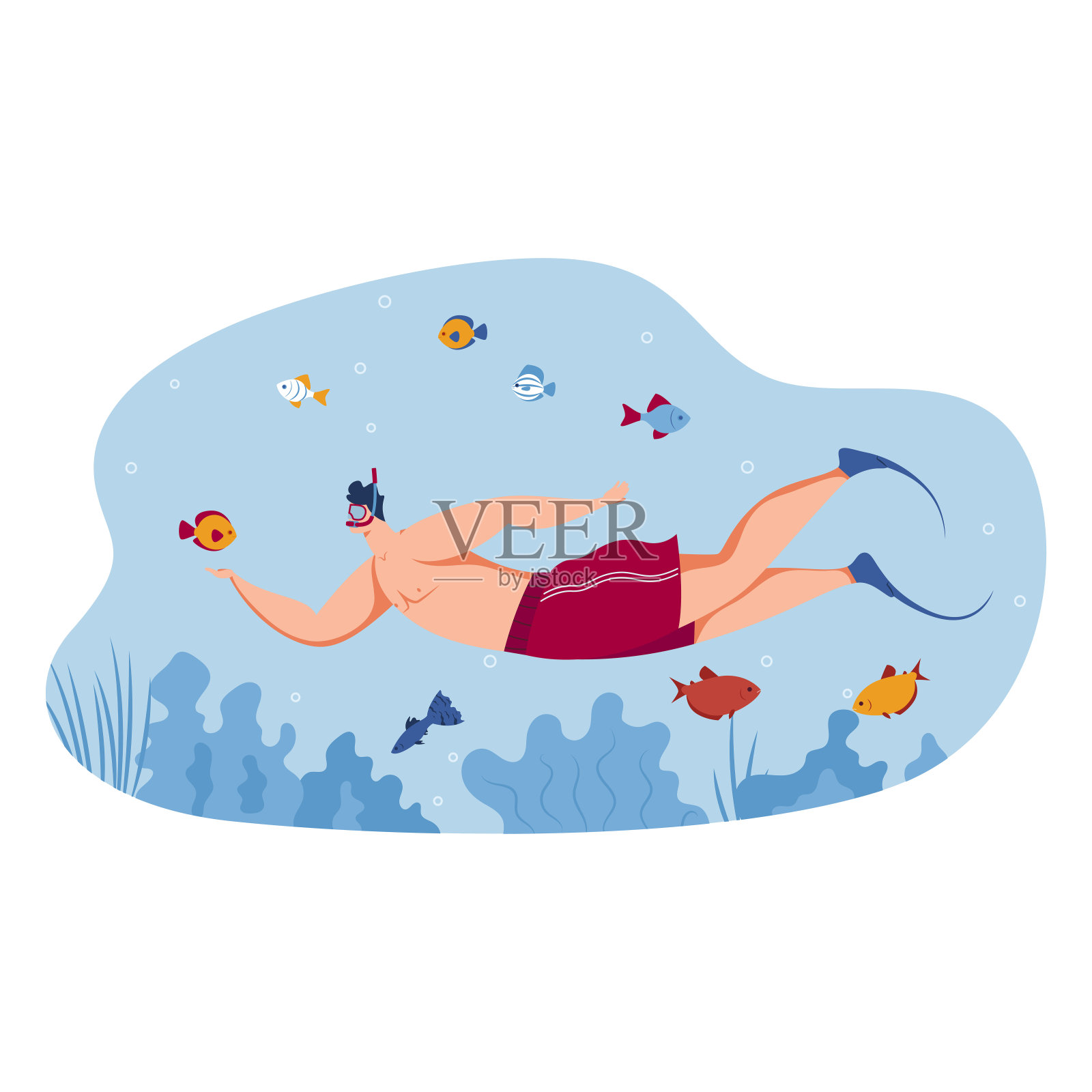 水的活动，人在水下潜水面罩，隔离在白色矢量插图。海洋中的扁平人物，卡通浮潜插画图片素材