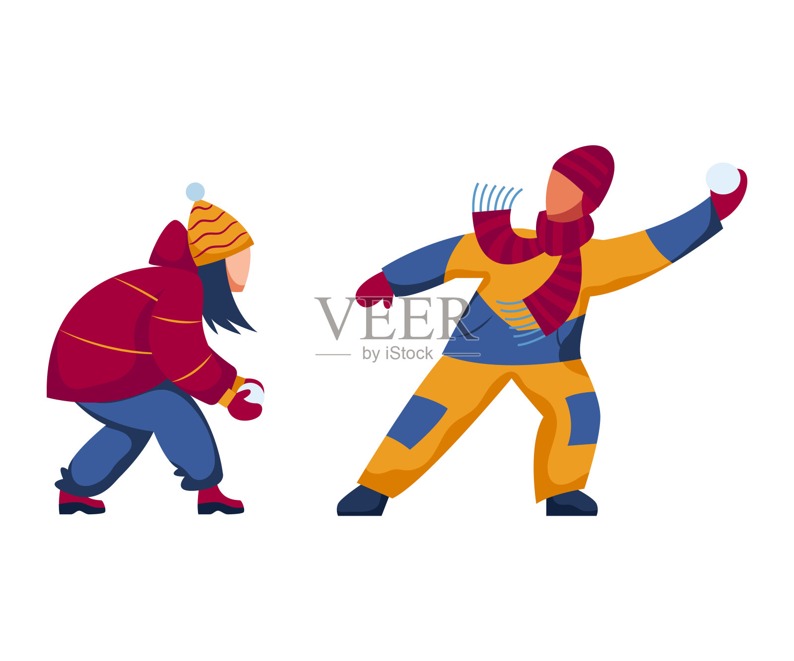 雪冬快乐小朋友打雪仗，童子季节，户外玩矢插图孤立插画图片素材