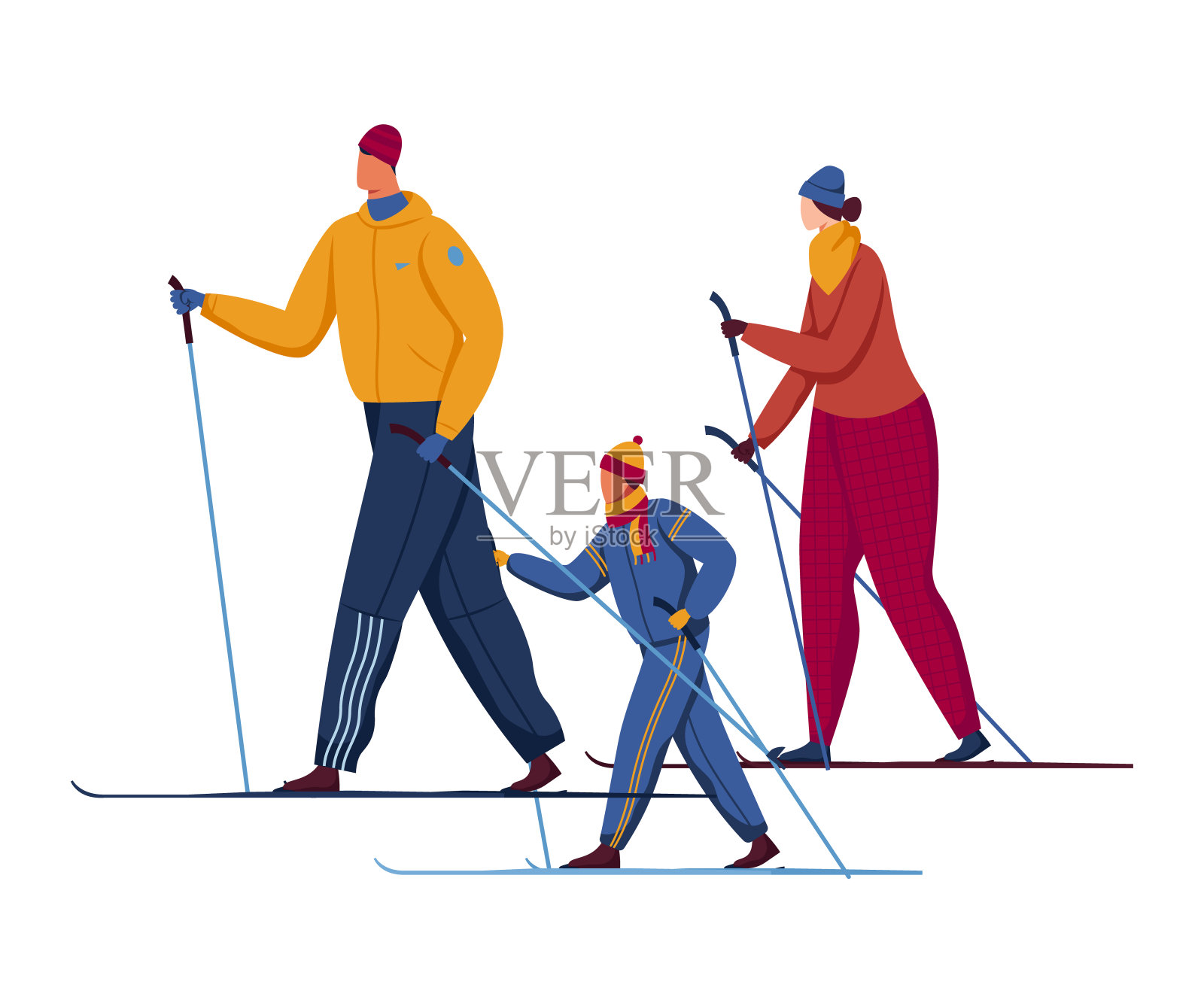寒假去滑雪的家庭年轻人可以玩得开心做极限运动矢量插图孤立的冬季运动人，假期的概念插画图片素材