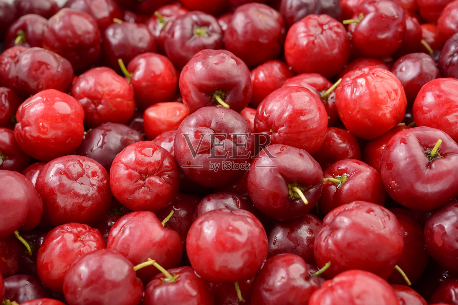 新鲜有机樱桃针叶特写形成背景图案。照片摄影图片