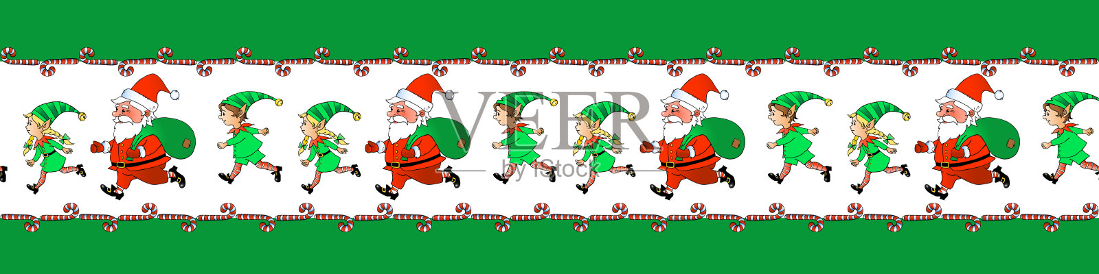 镶边，丝带，圣诞老人和可爱的小圣诞精灵的边界。矢量无缝图案、饰品、装饰元素、新年装饰、圣诞装饰设计设计元素图片