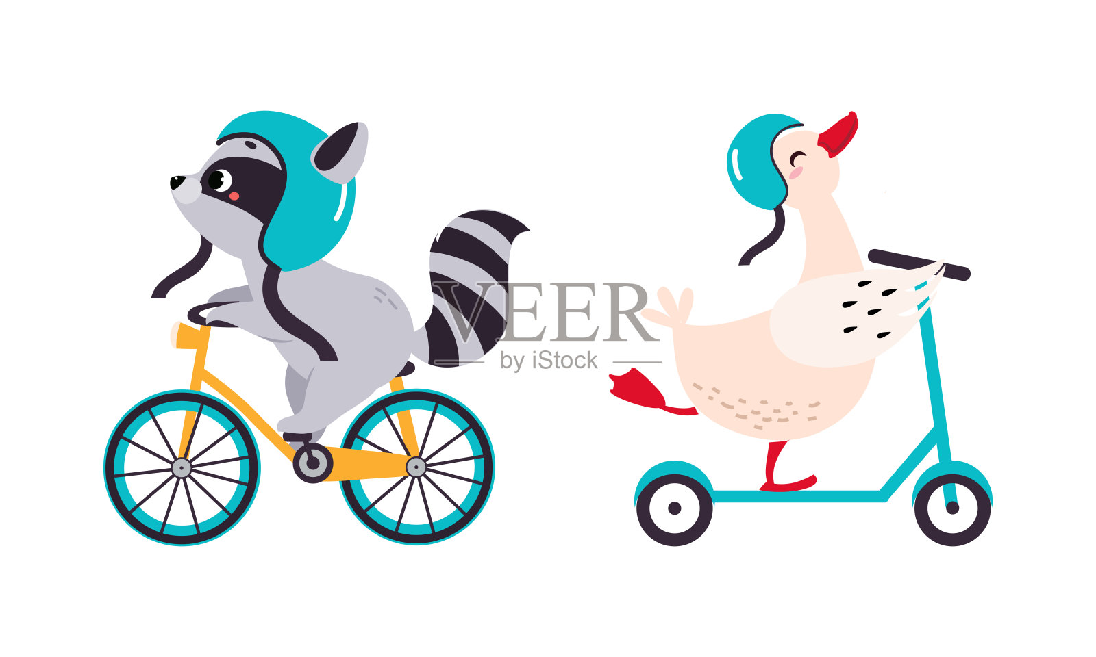 可爱的小动物们喜欢骑马。浣熊骑自行车，小鹅踢滑板车卡通矢量插图插画图片素材