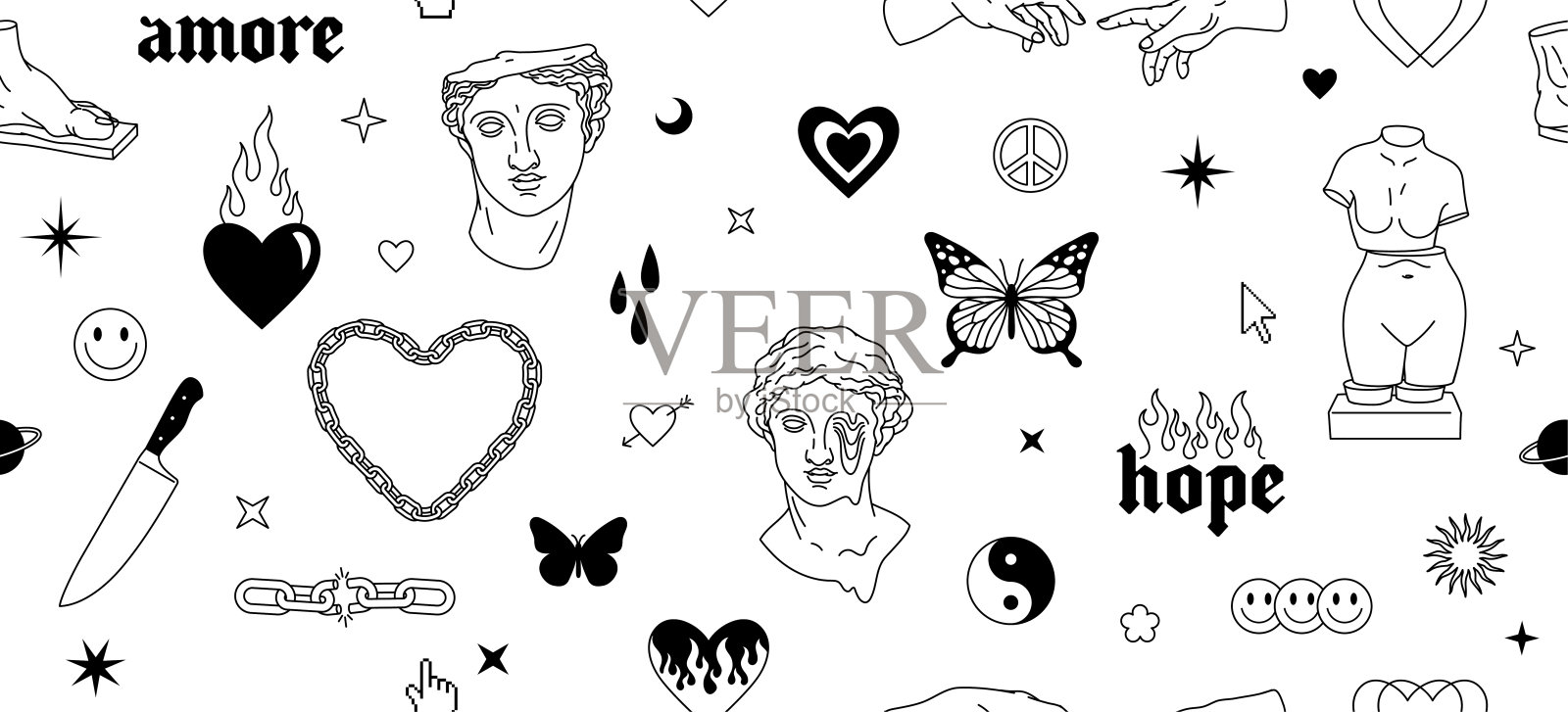 纹身艺术90年代，2000年代。千年虫无缝模式。蝴蝶，火，火焰，链子，心，希腊雕像。插画图片素材