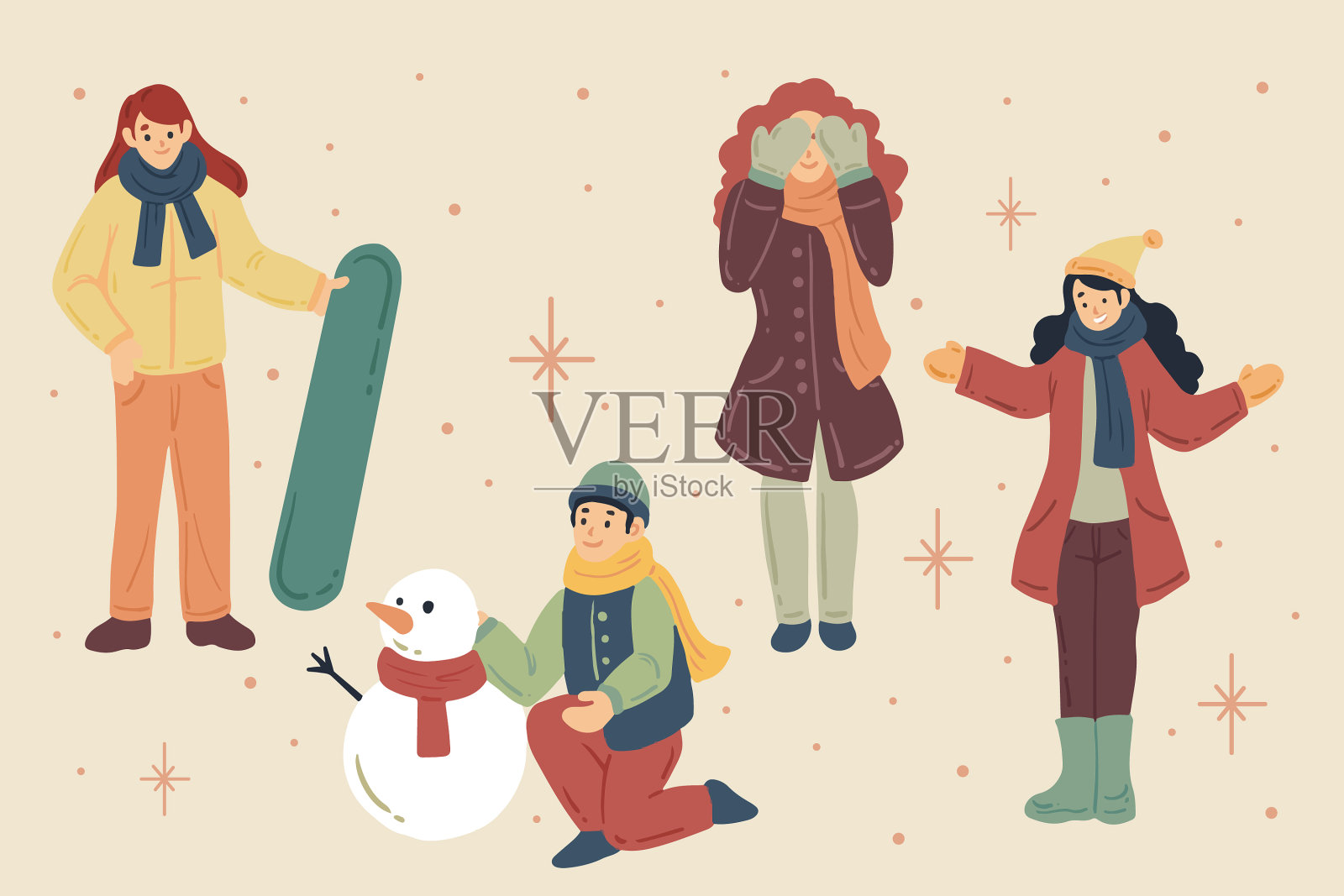 手绘平面冬季人物集合插画图片素材