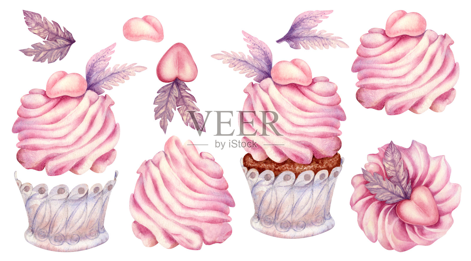 手绘水彩粉色纸杯蛋糕集心为情人节，婚礼设计，墙纸，包装纸，糖果，礼品盒，巧克力马克杯。白色背景上孤立的元素插画图片素材