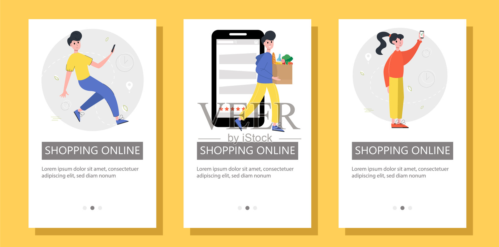 网上商店，购物，订购，送货服务的一套传单。矢量插图海报，横幅，广告。插画图片素材