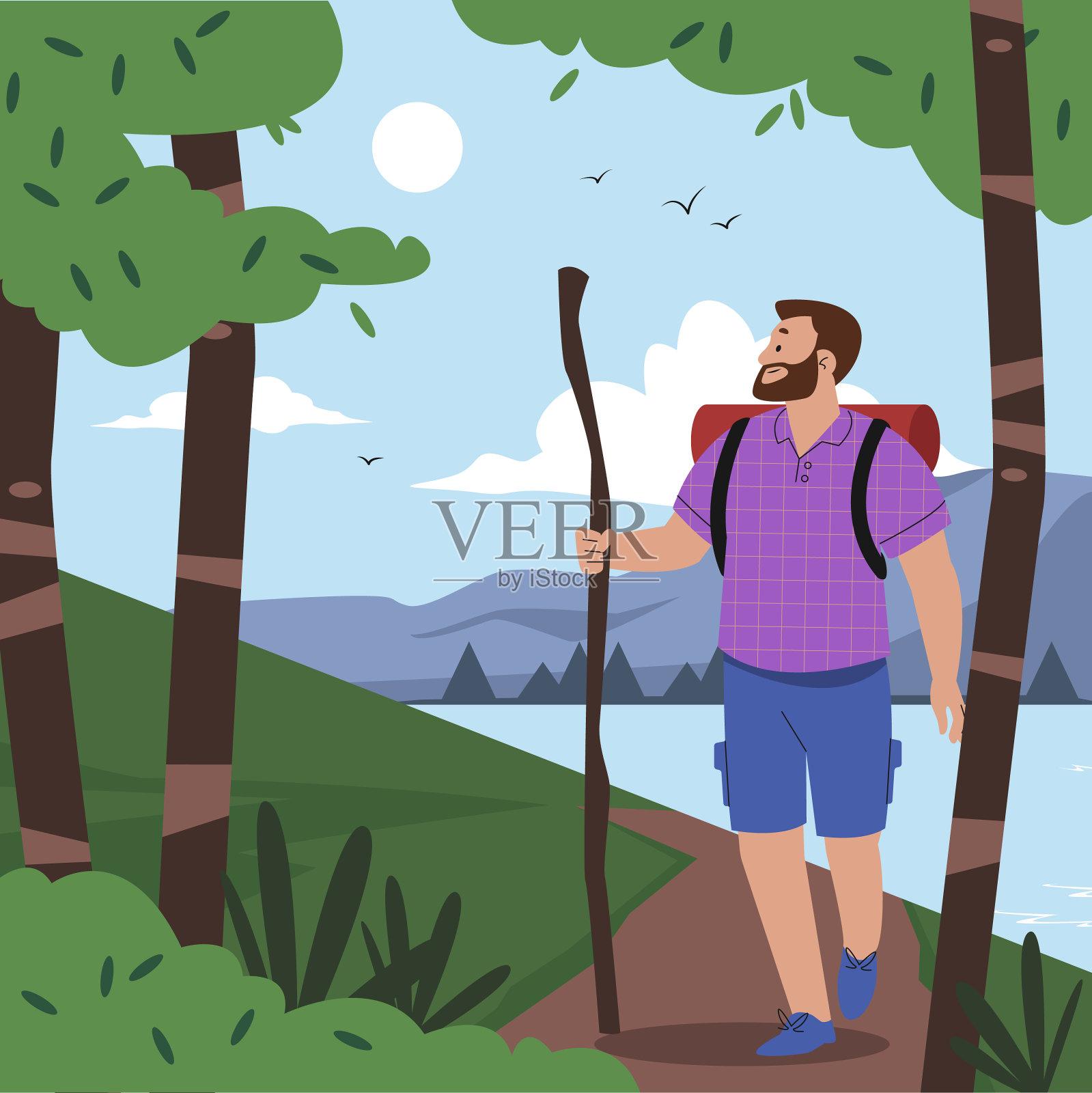 森林里的手绘人物插画图片素材