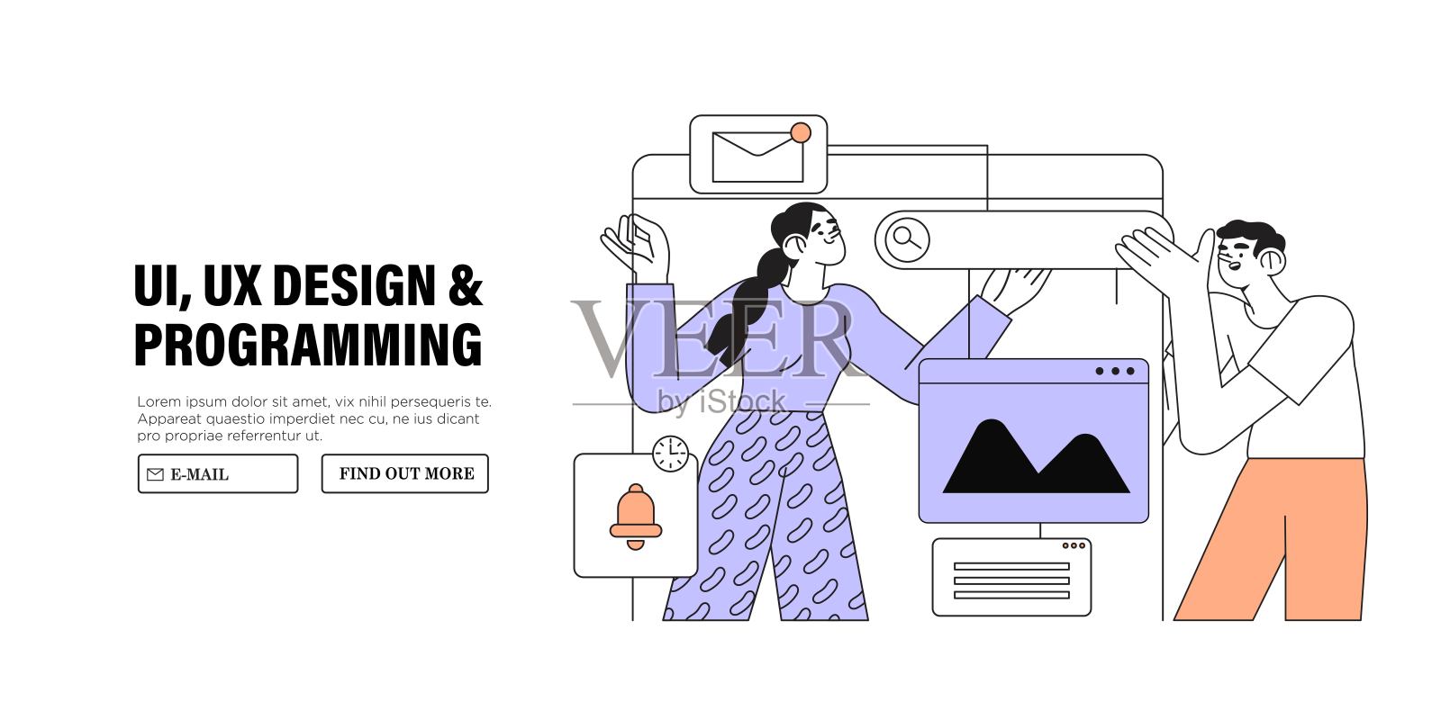 设计团队概念横幅，网页登陆页，广告。从事ui用户体验设计或移动应用的设计师。工作室或机构原型或编写网页或移动应用程序。Cms开发。设计模板素材